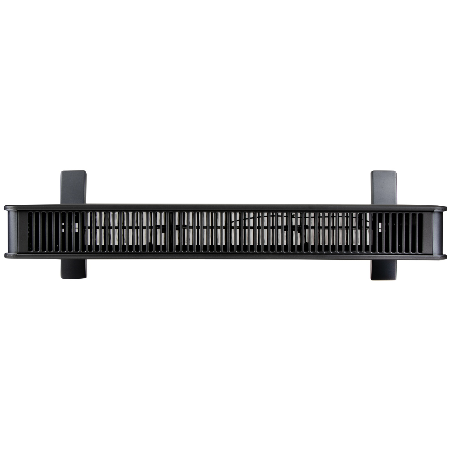 A black space heater with a slatted grille and stands against a white background.