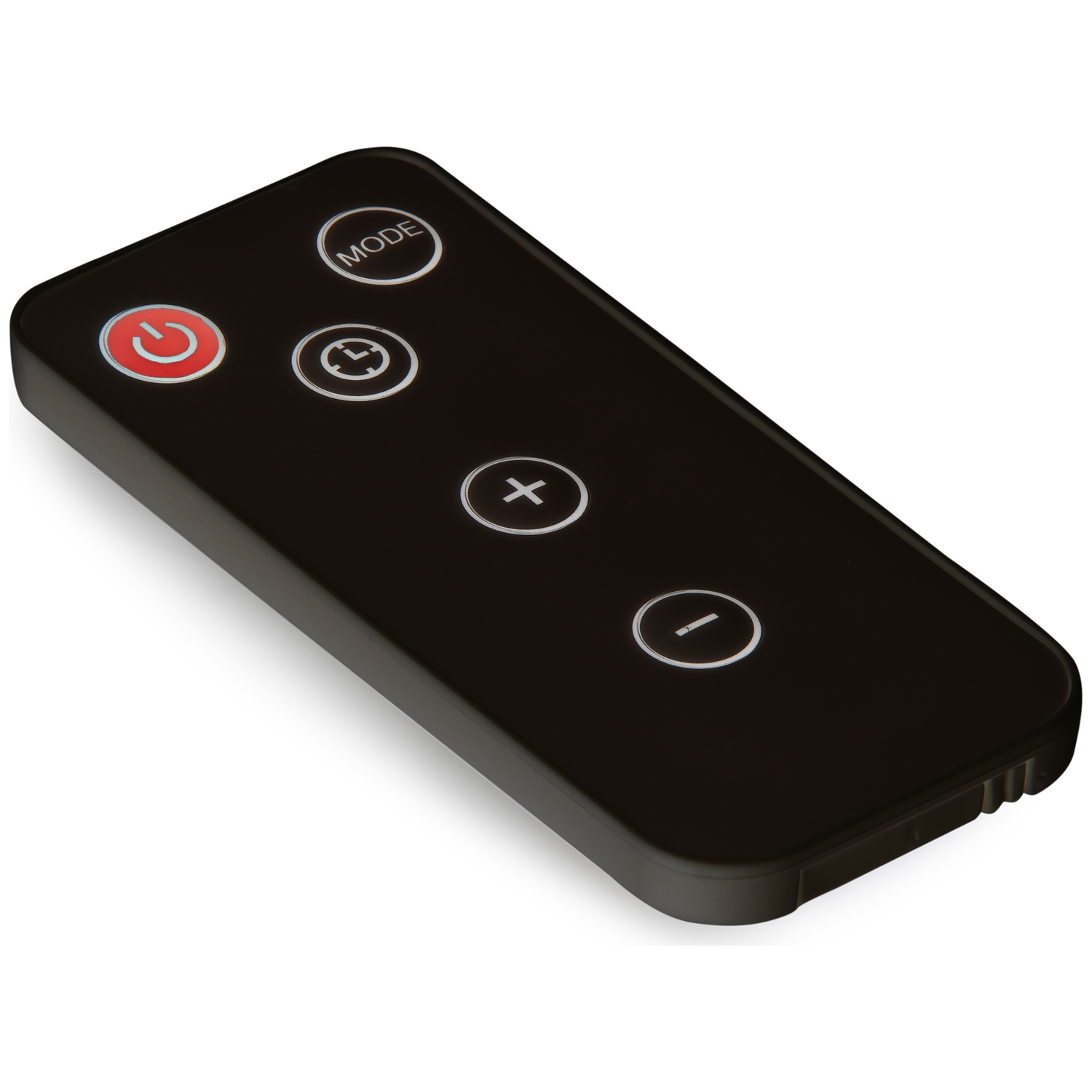 A small black remote control with five buttons, including power, mode, timer, plus, and minus.