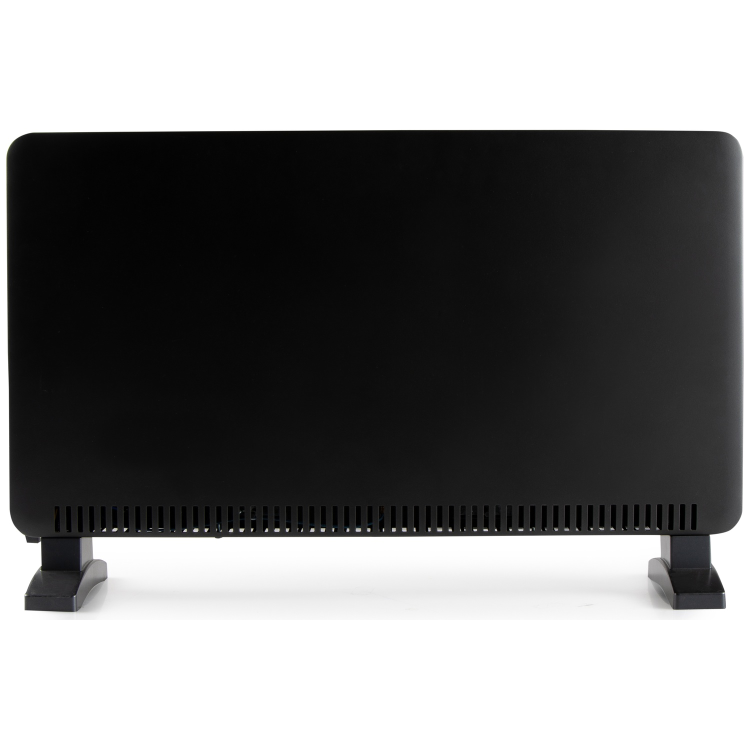 A black electric panel heater with stands on a white background.