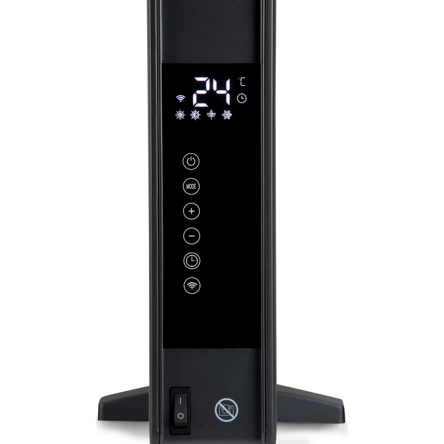 Black control panel of a heater with digital display showing 24 degrees and touch buttons.
