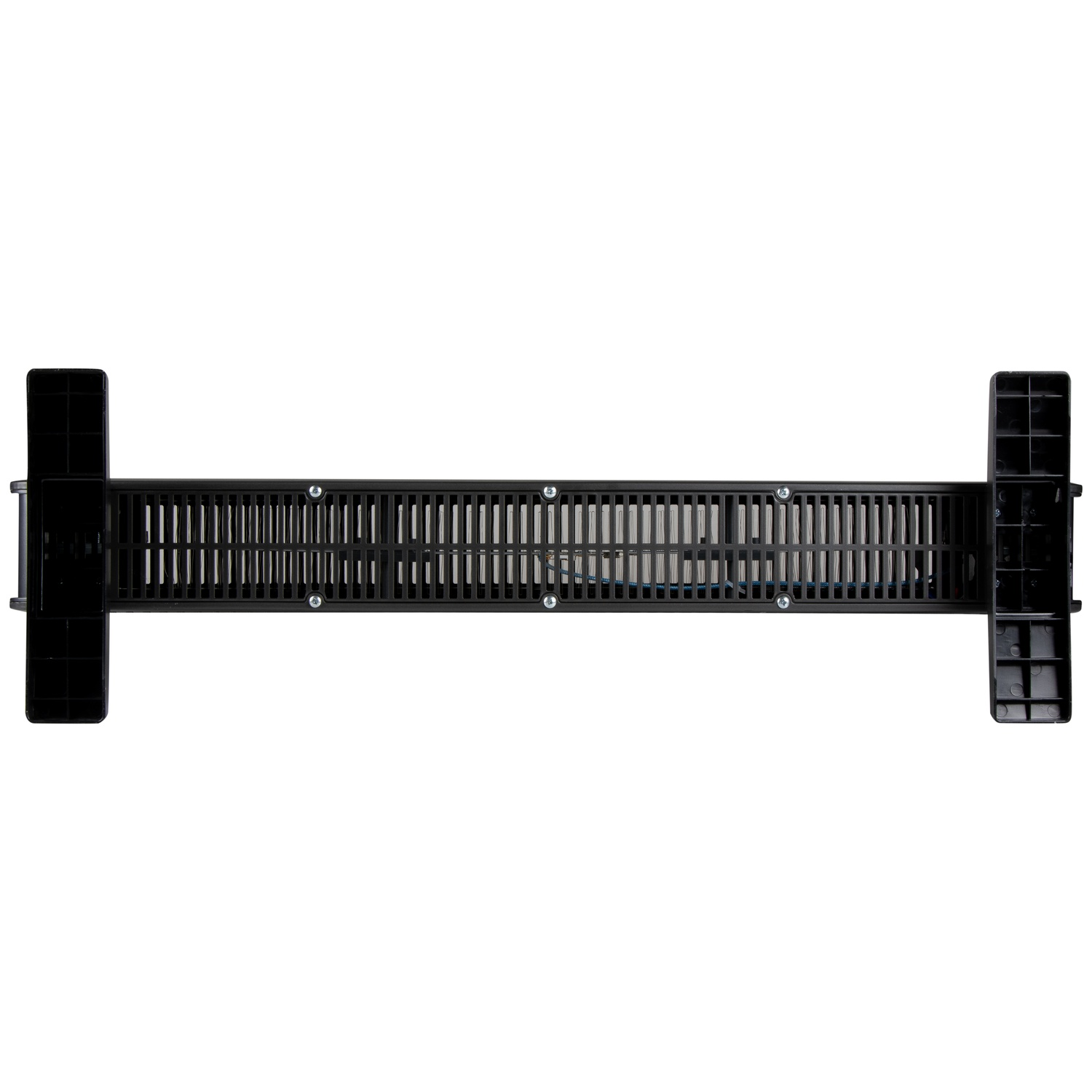 A black grated device with vertical louvers and stands on both ends, set against a white background.