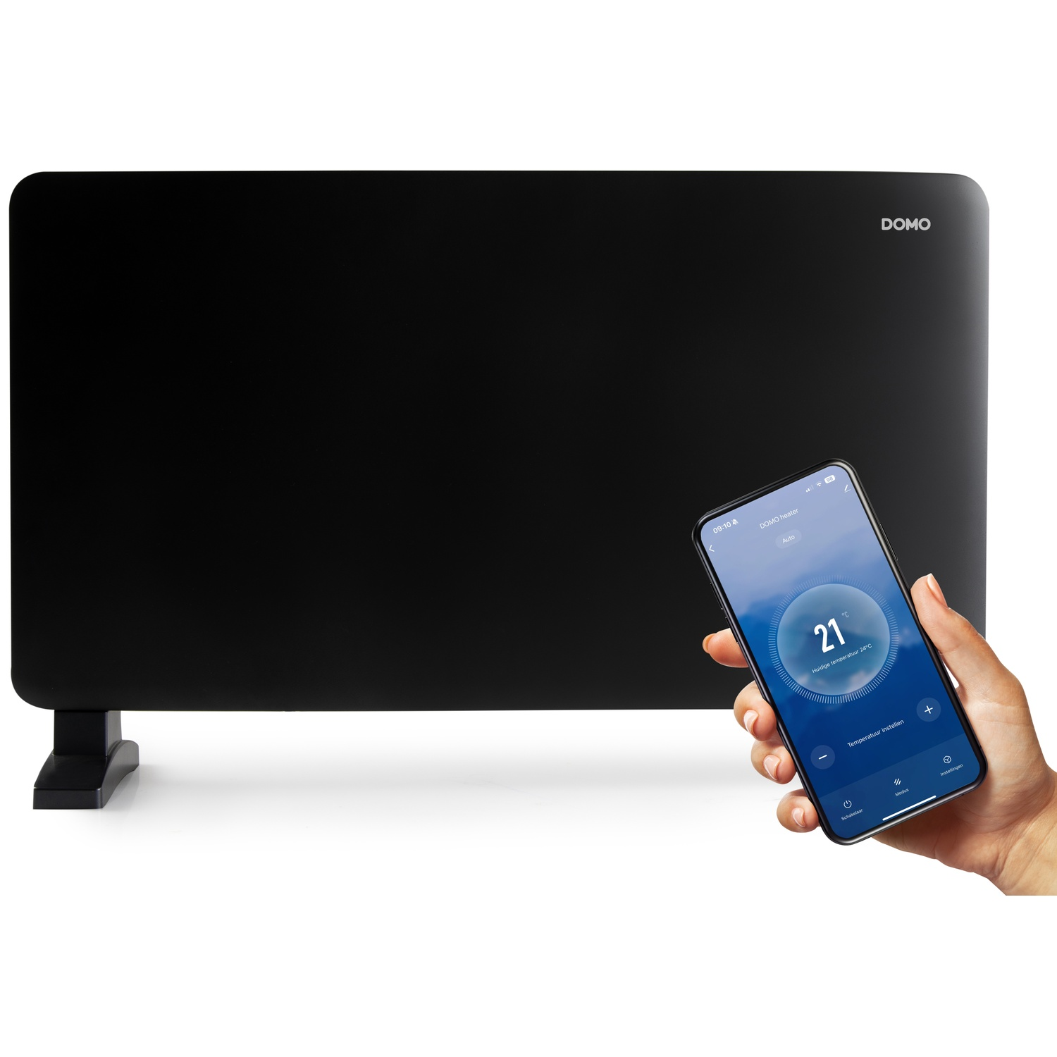 A black DOMO heater is controlled using a smartphone app displaying 21 degrees.
