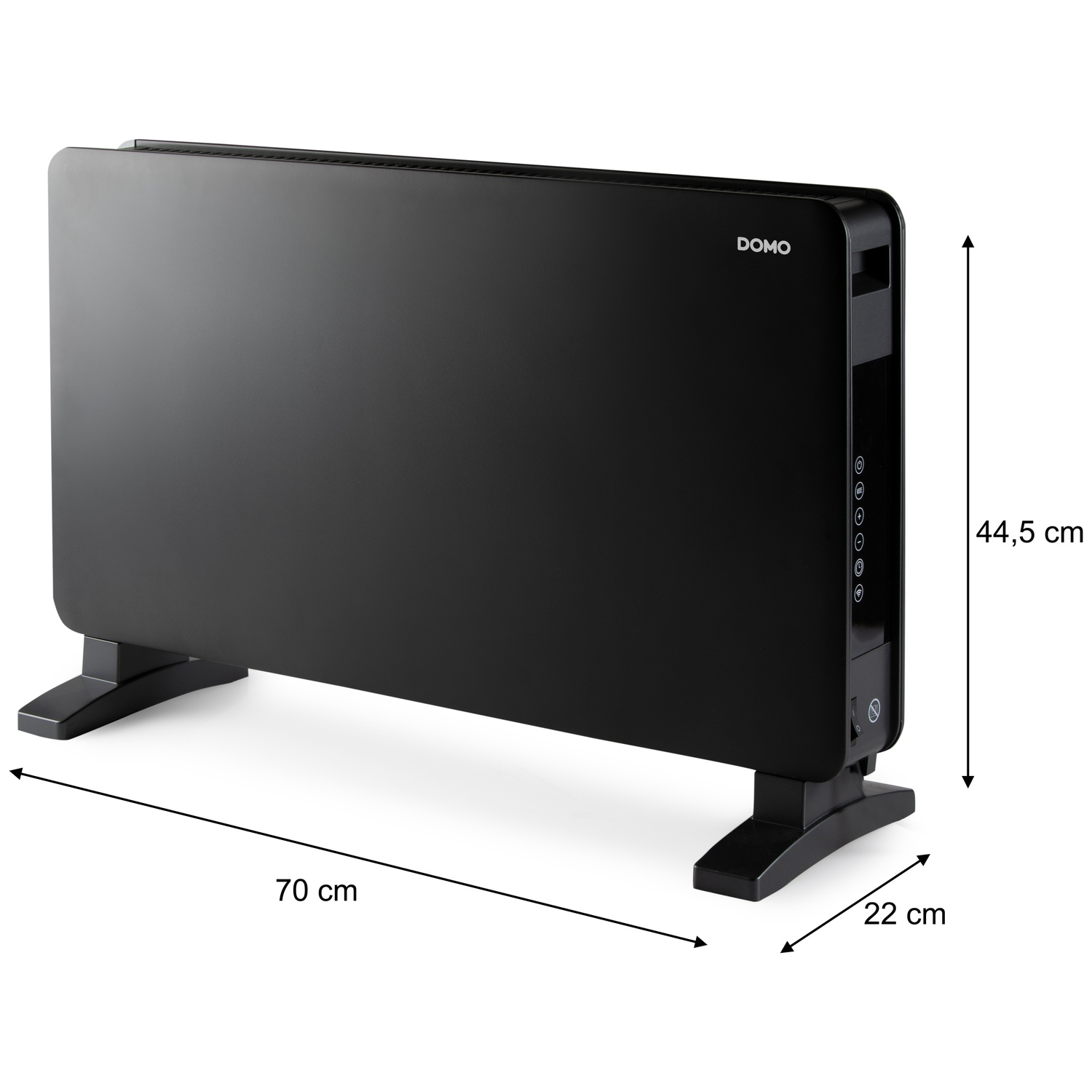 A black Domo electric convector heater with dimensions 70 cm width, 44.5 cm height, and 22 cm depth.
