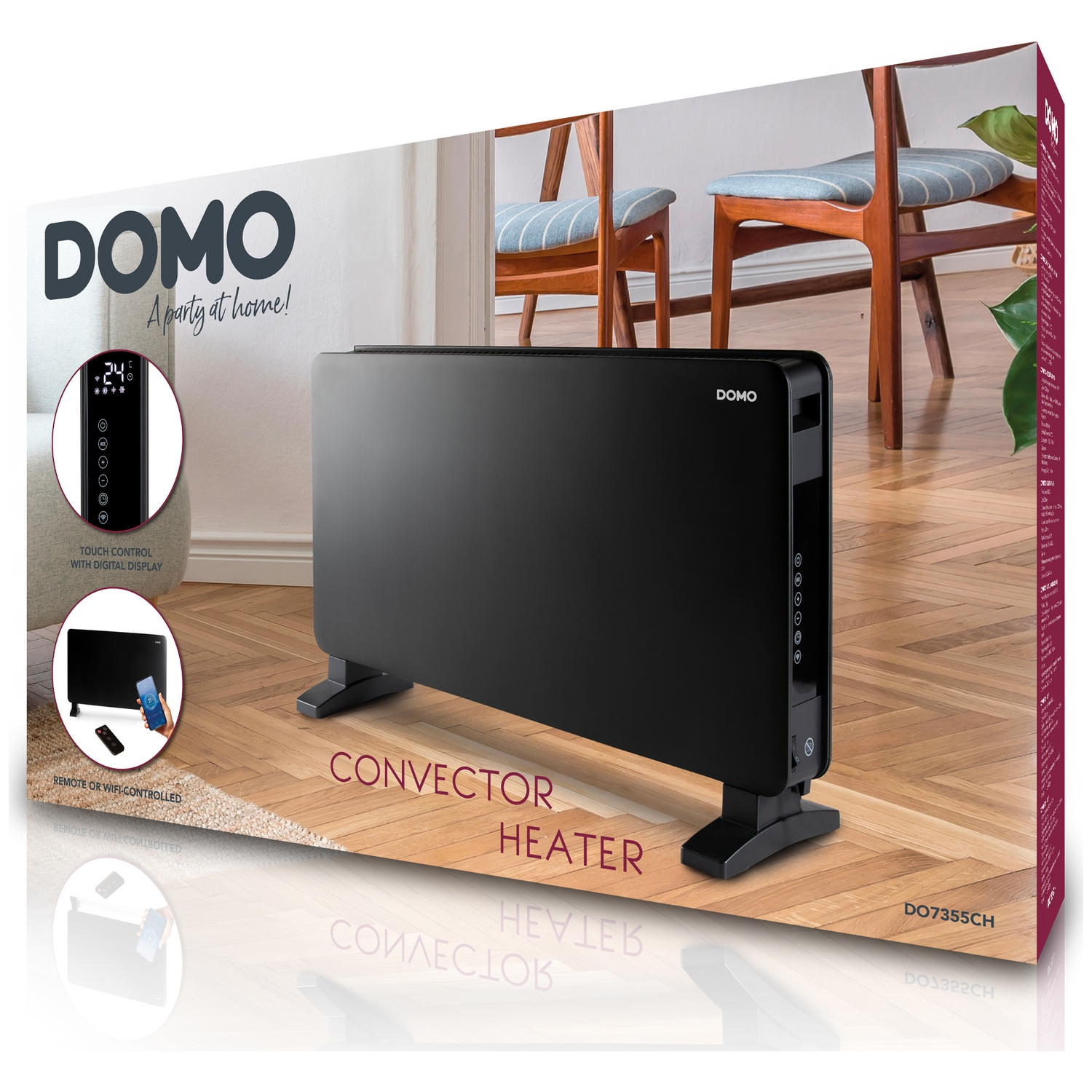 Packaging for a black DOMO convector heater on a wooden floor, with two insets showing touch control and remote.
