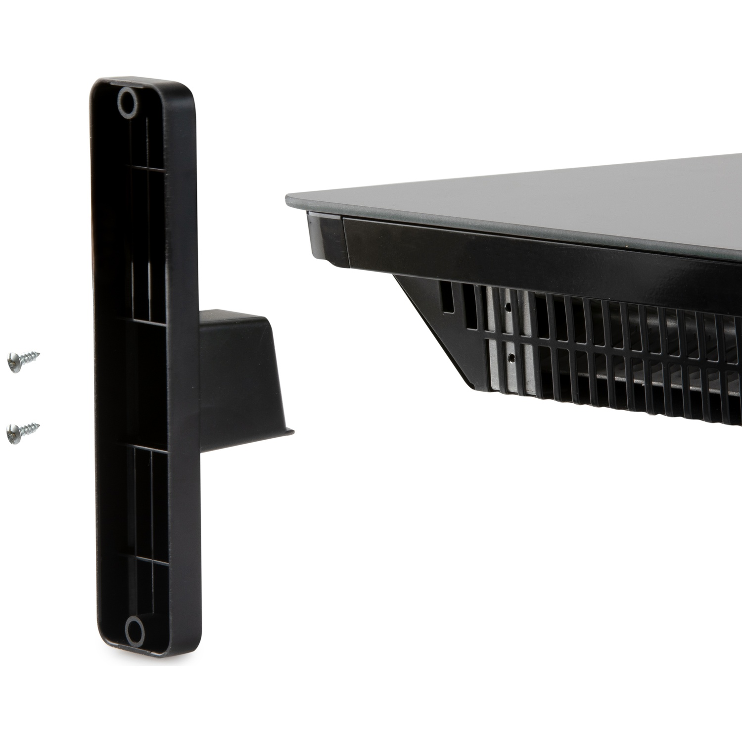 Black plastic bracket with two screws beside the underside of an electronic device.