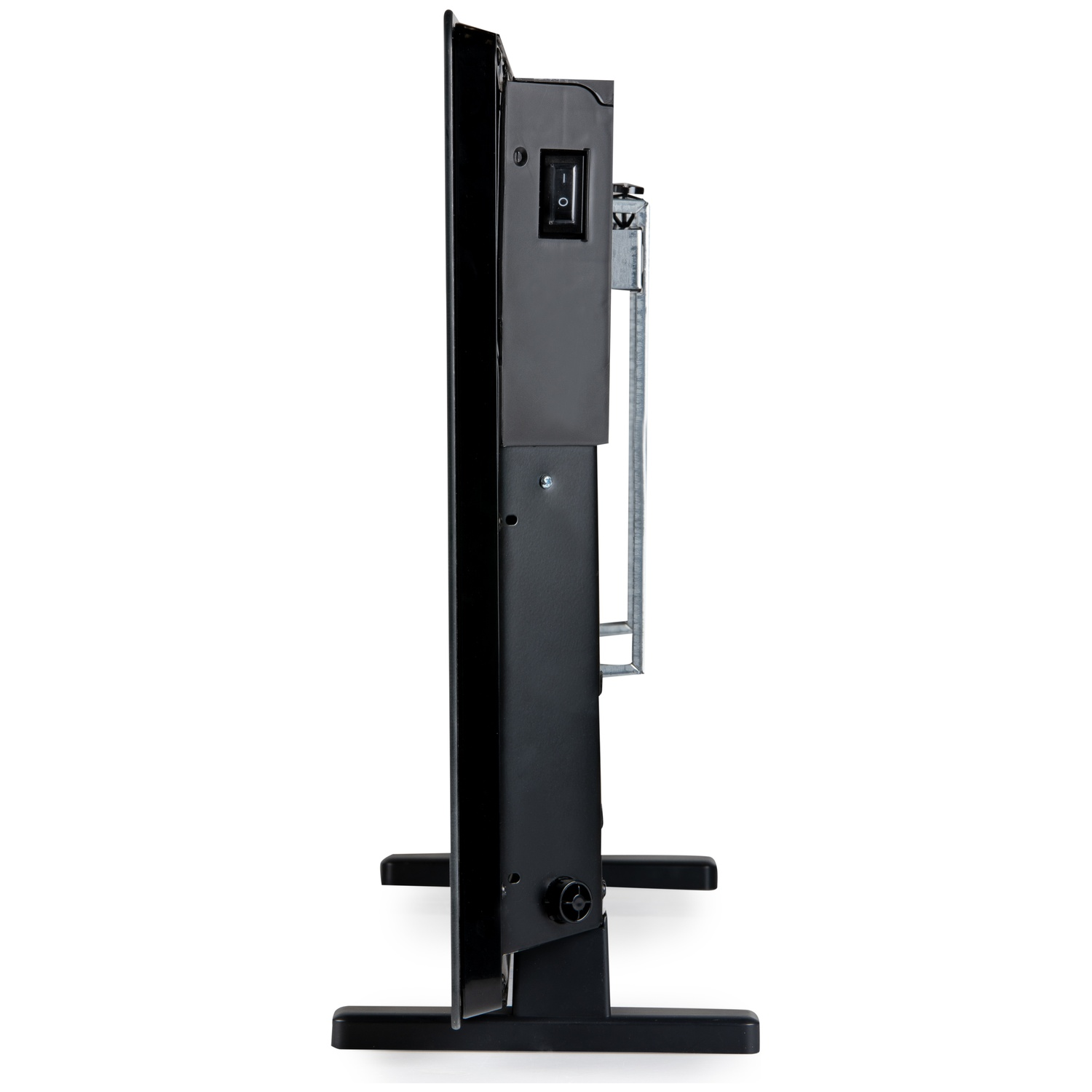 Side view of a black convection heater with stands and a power switch.