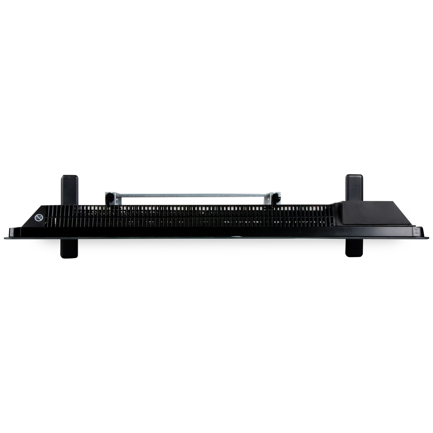 Bottom view of a flat black heater with a ventilation grille and stands on a white background.