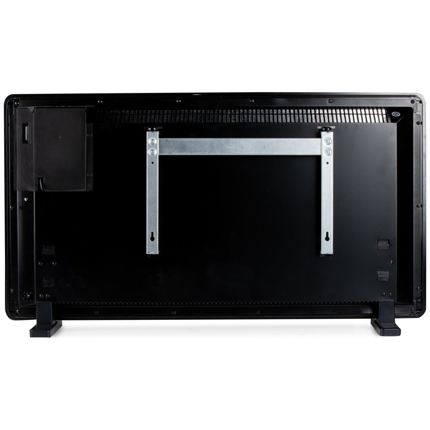 Rear view of a black electric heater with a silver wall-mounting bracket and two stands against a white background.