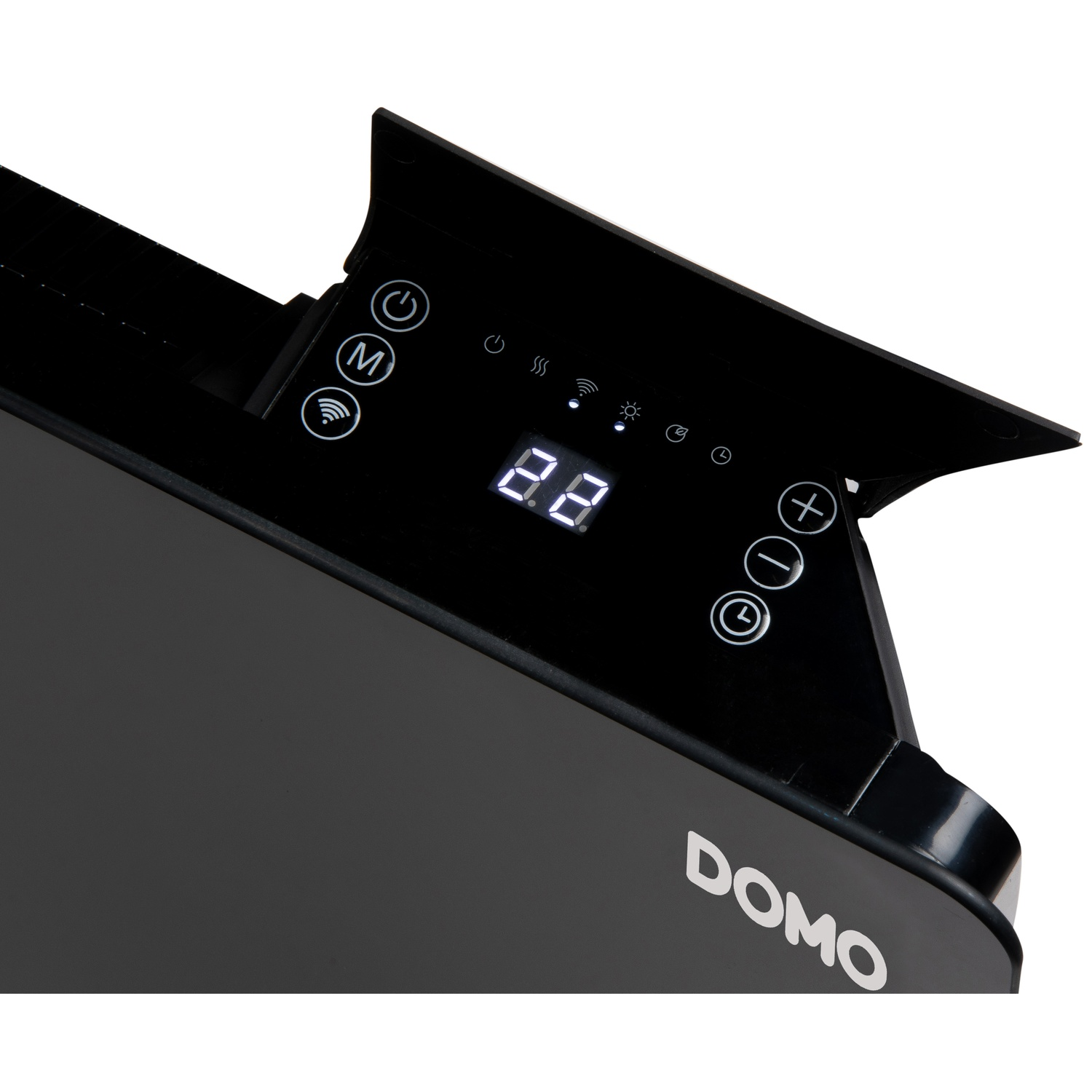 Black Domo heater featuring a digital LED display and touch controls on the top panel.