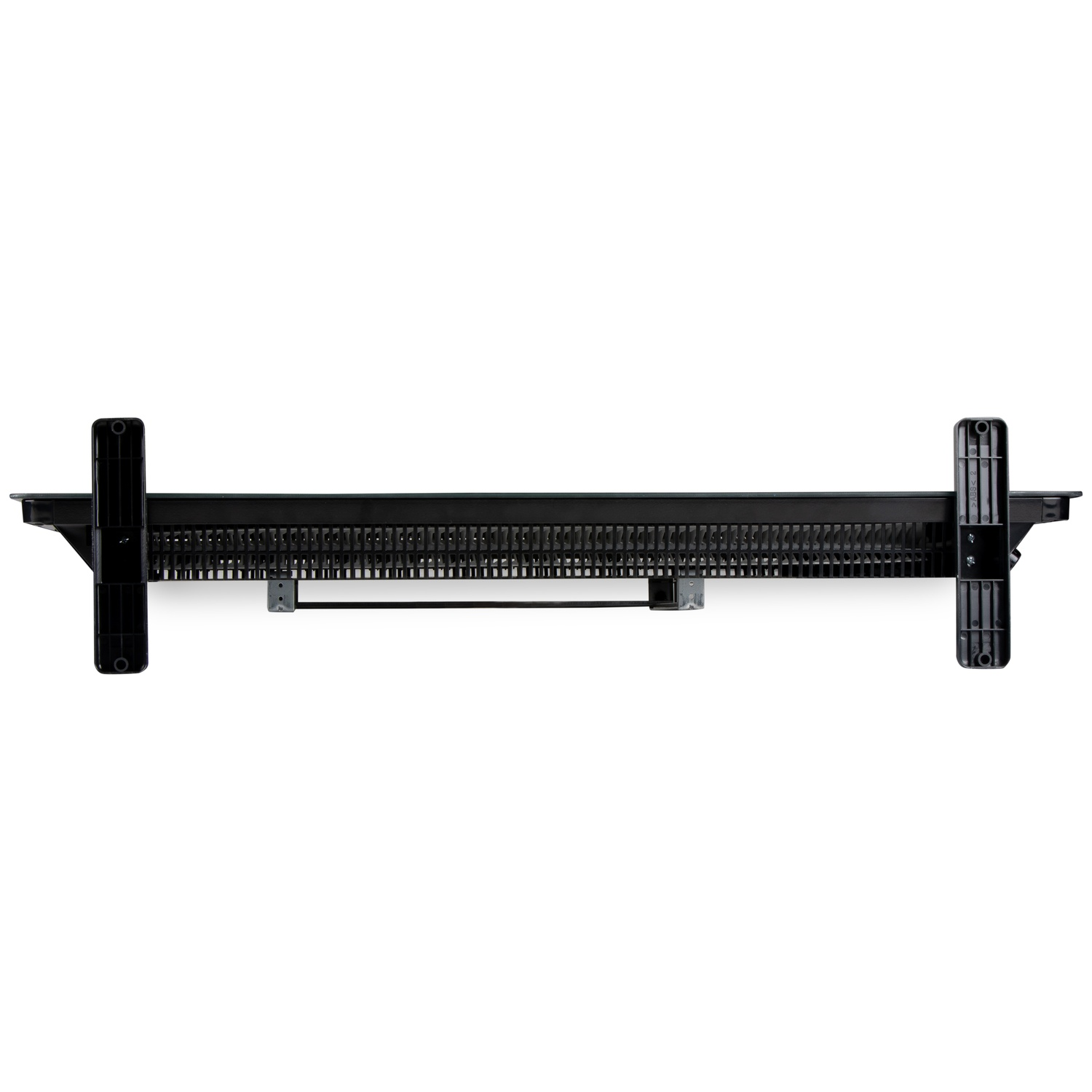 Black electronic accessory part with ventilation grills and brackets on a white background.