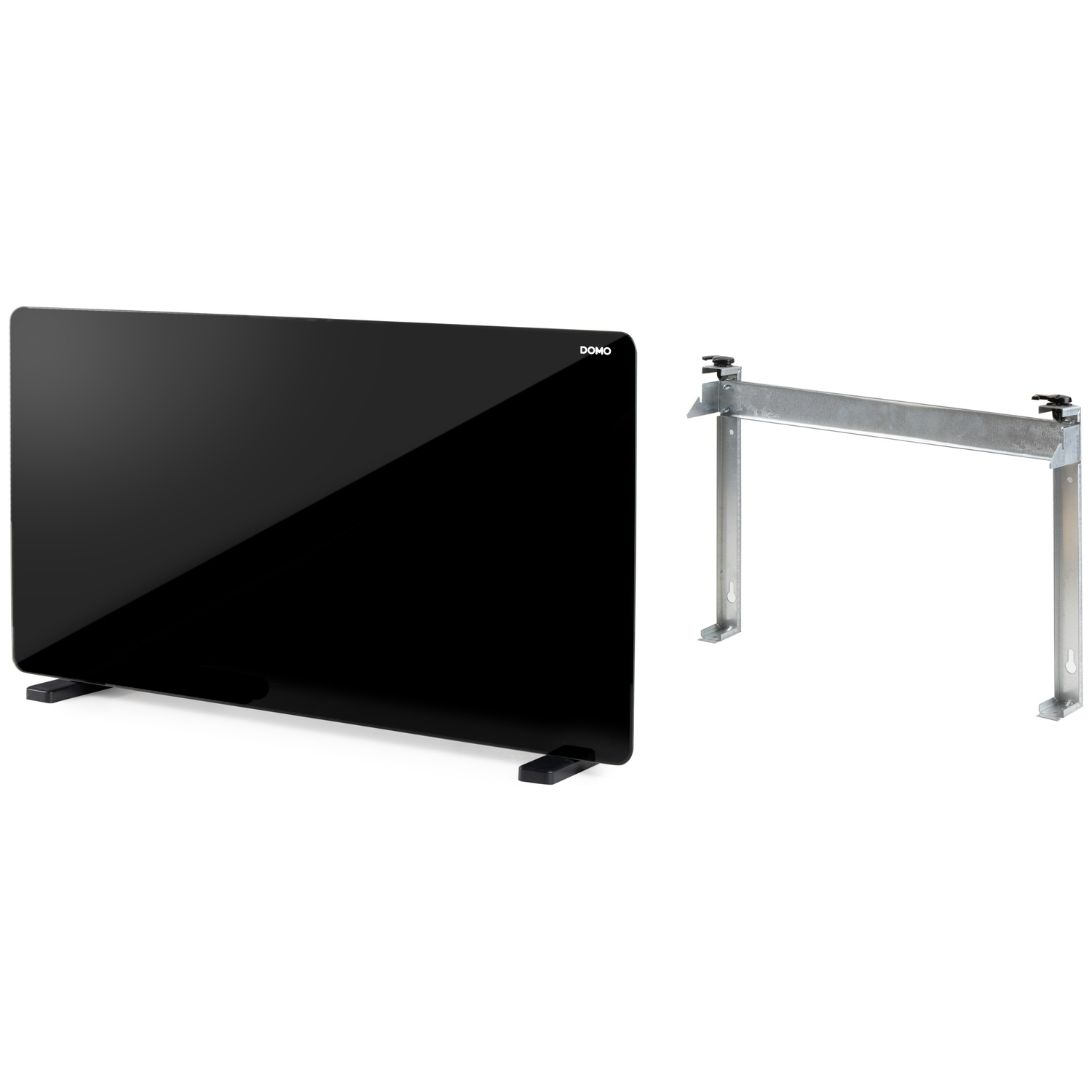 Black glass ceramic heating panel with DOMO logo and a separate metal wall bracket on white background.