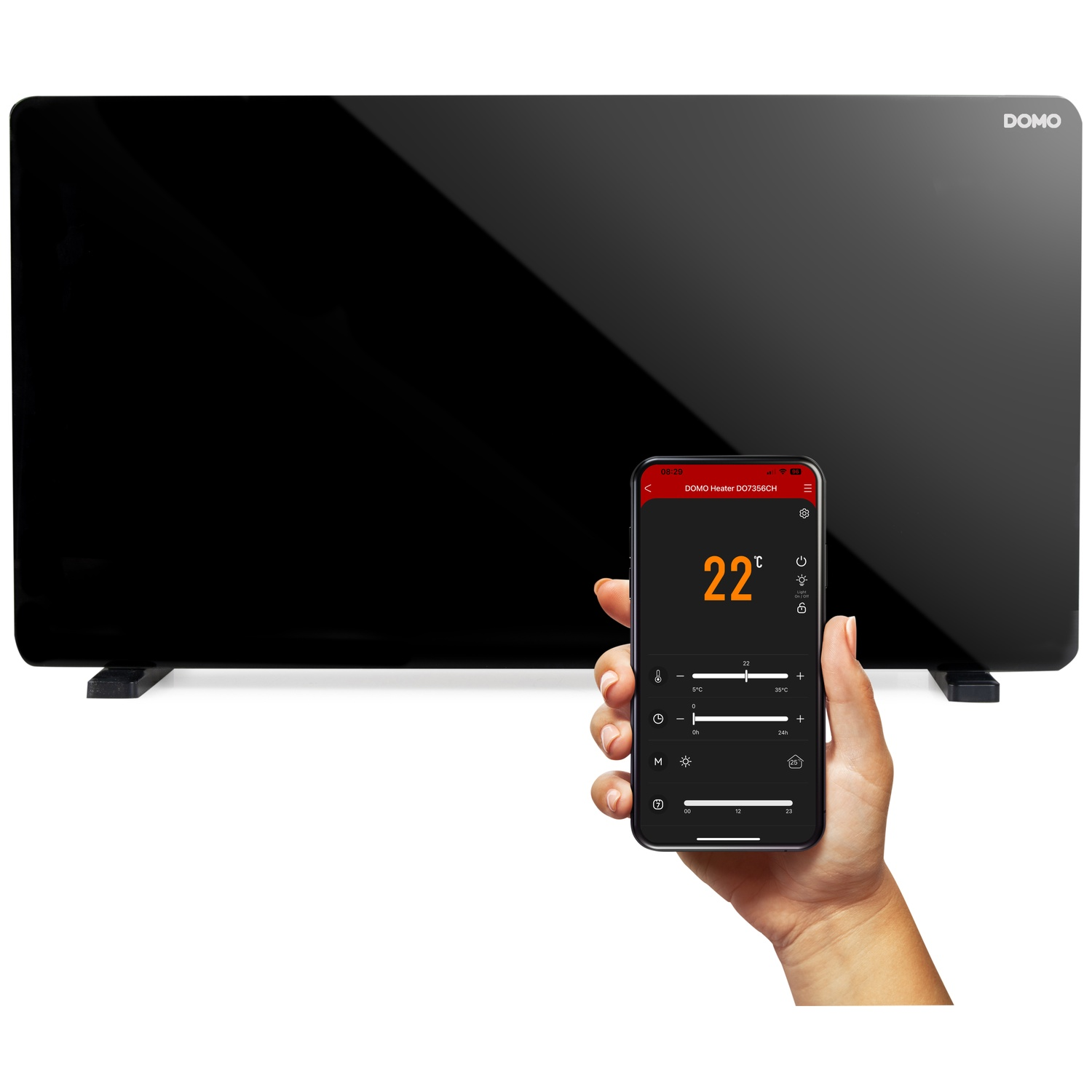 A black Domo panel heater in the background, with a hand holding a smartphone controlling it in the foreground.