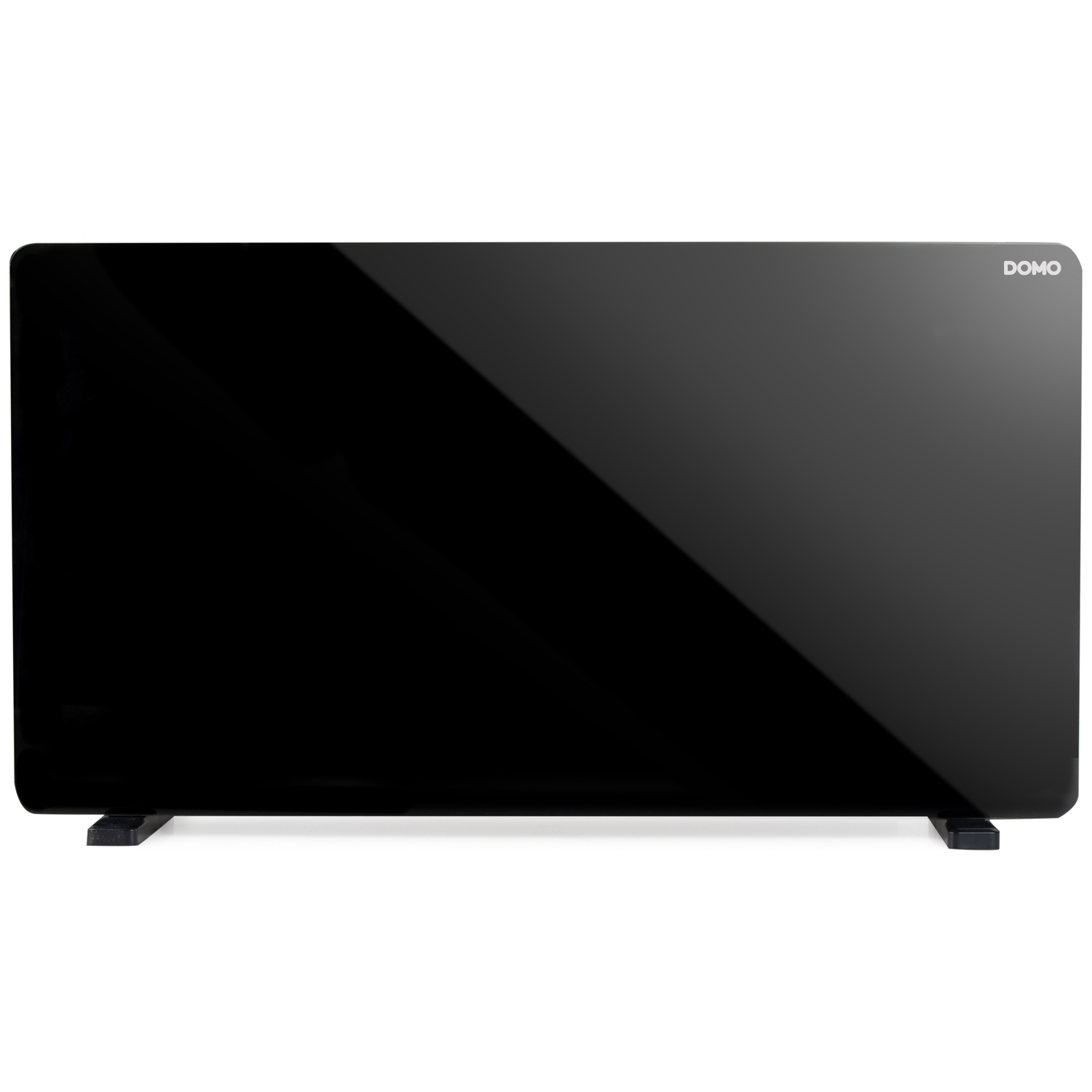 A black Domo glass panel heater with a glossy surface on two small feet against a white background.