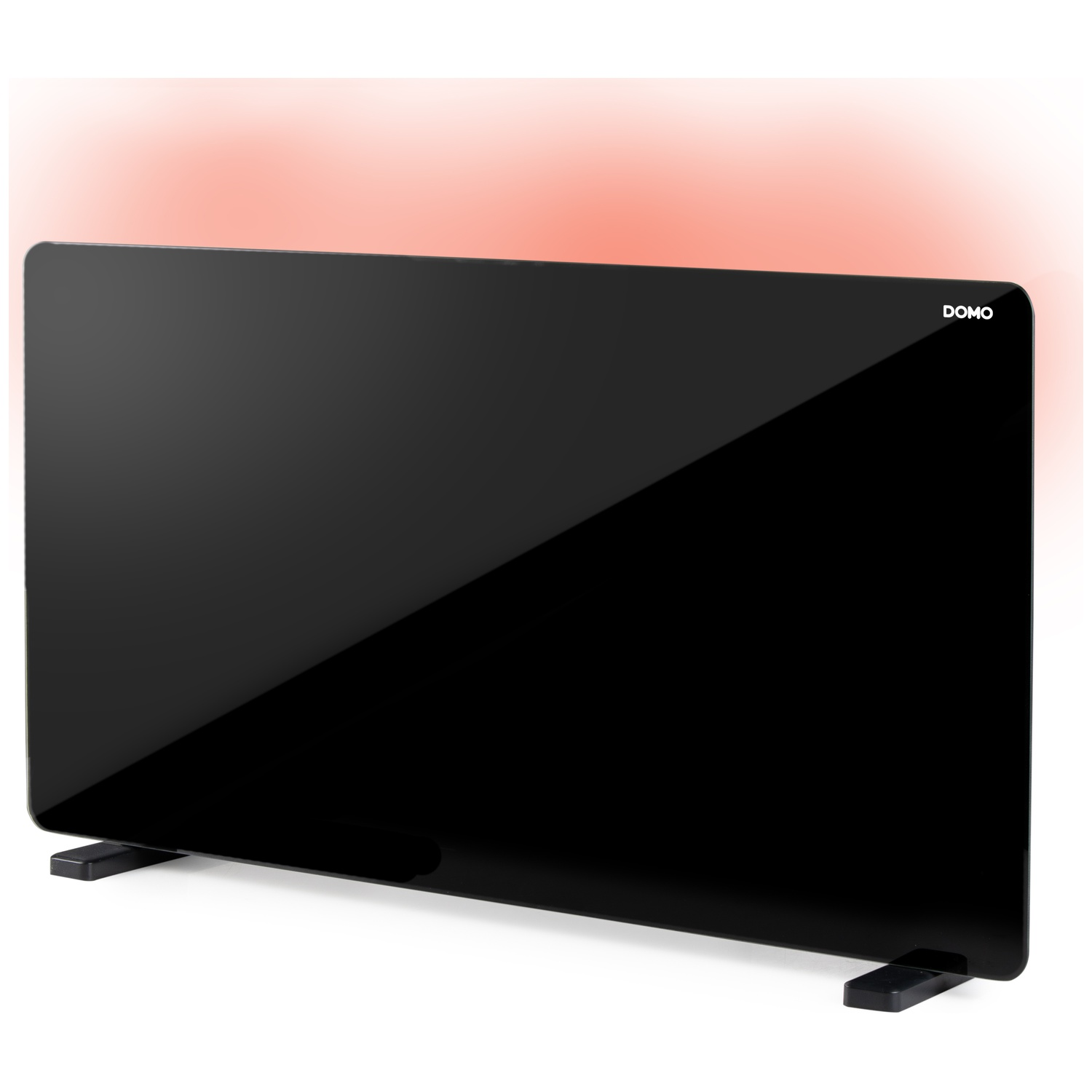 Black glass panel wall heater on white feet against a red background.