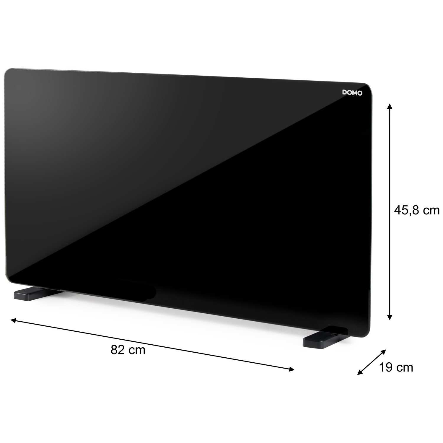 Black Domo glass heater with dimensions 82x45.8x19 cm on a white background.