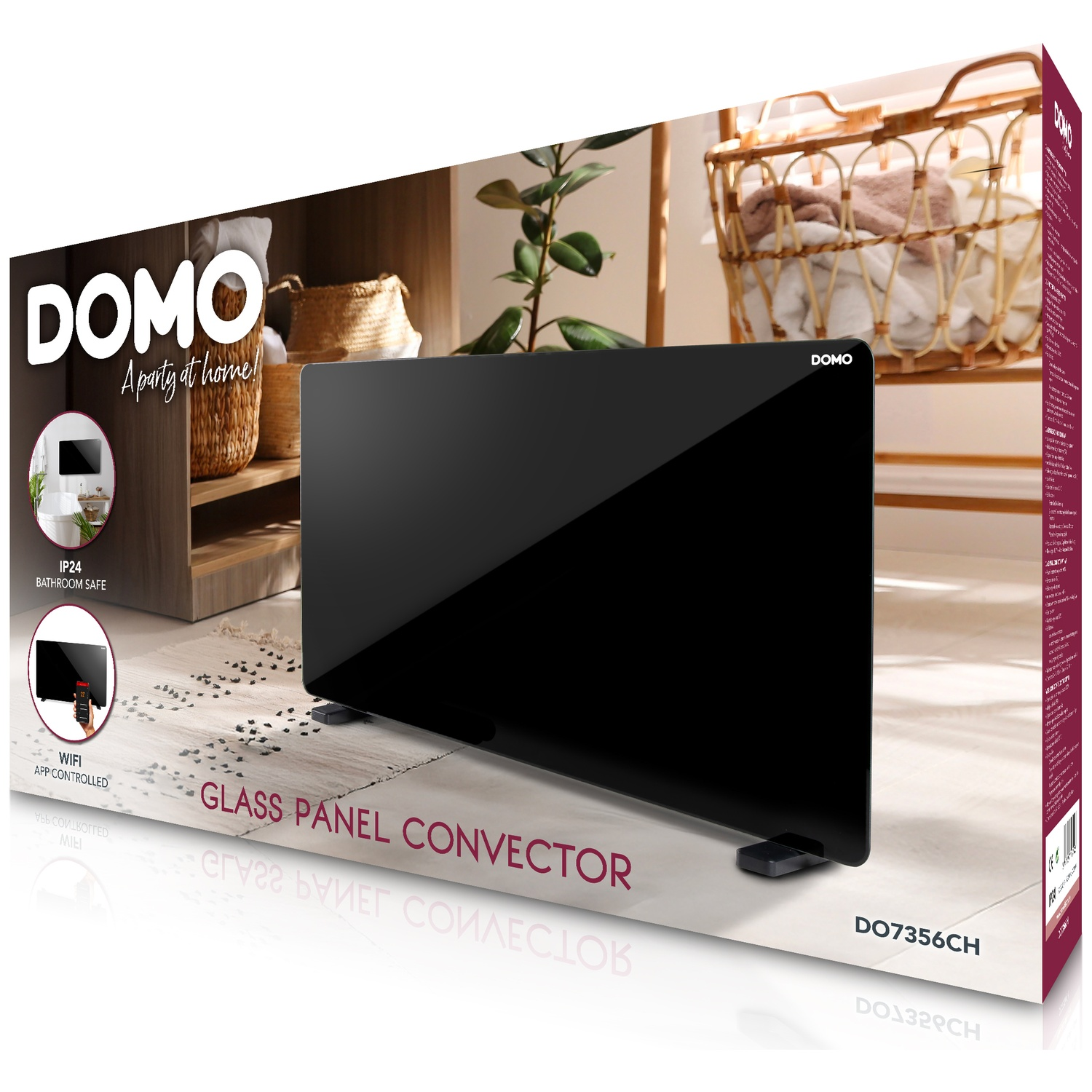 Product box for a black DOMO glass panel convector heater displayed in a bright living room.