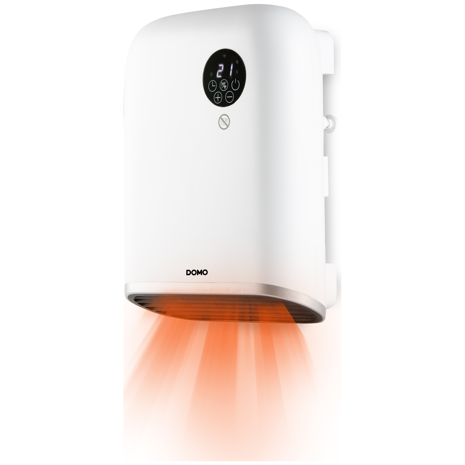 A white wall-mounted DOMO fan heater emits glowing orange warmth from its lower vents against a plain white background.