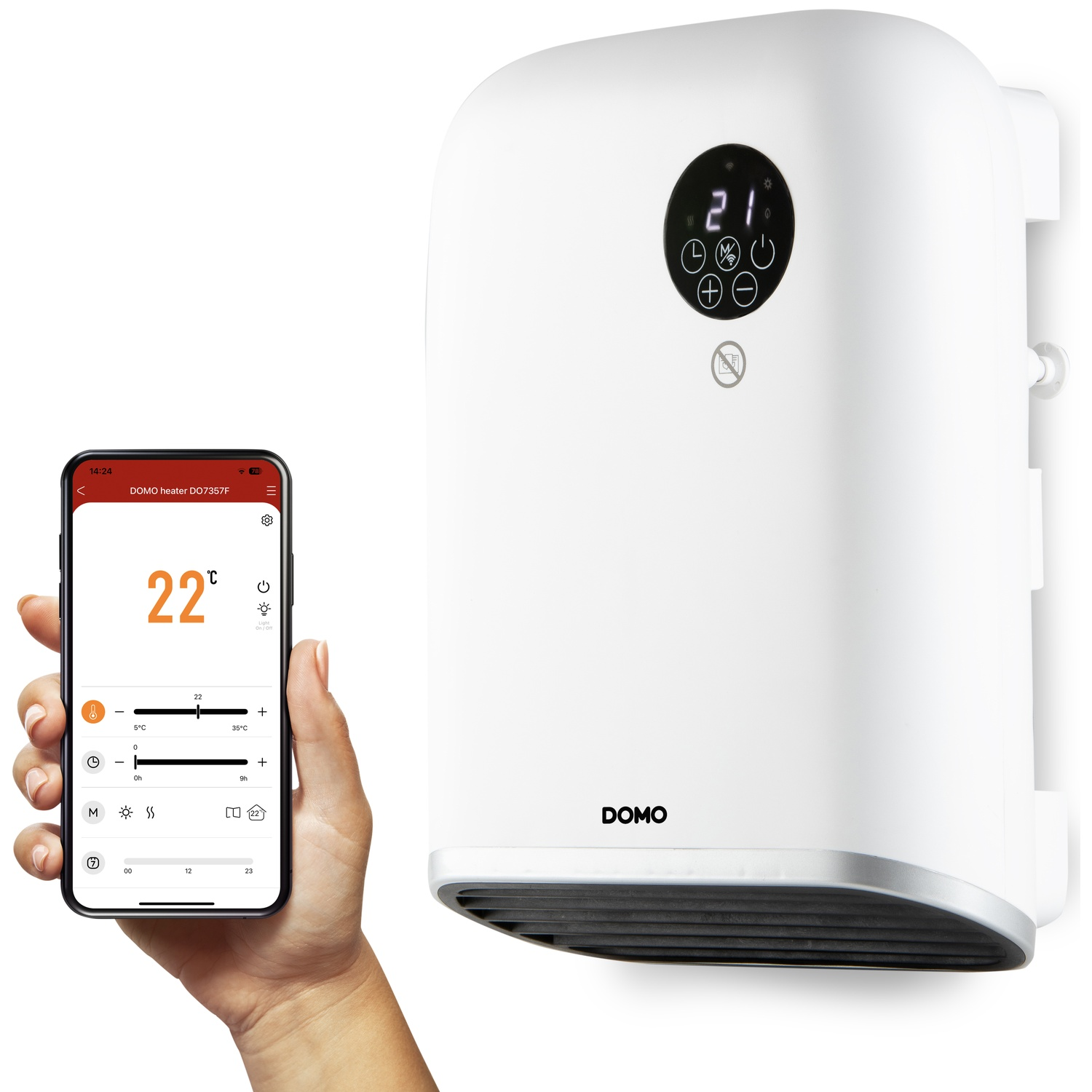 A white Domo wall heater next to a hand holding a smartphone showing the heater control app.