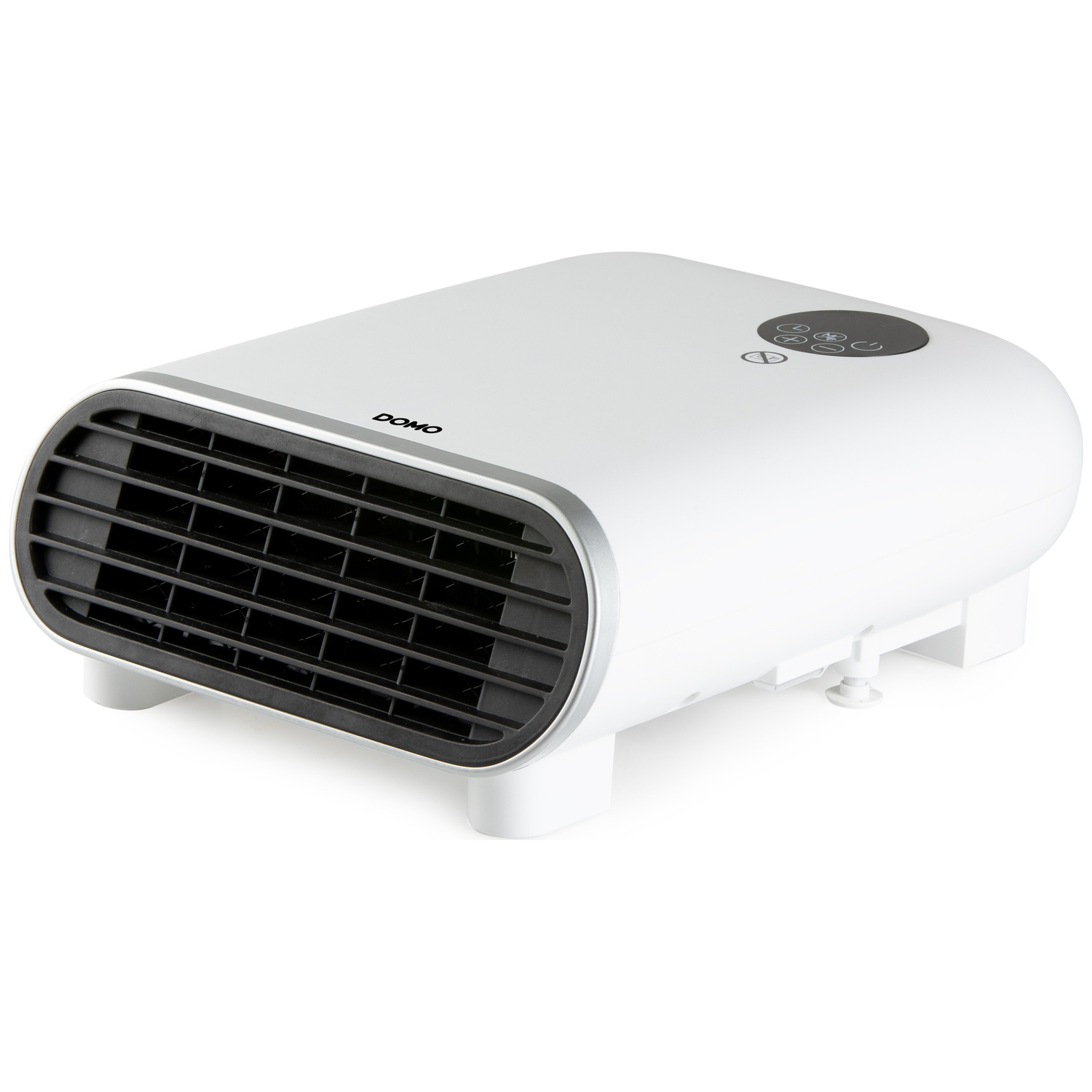 A white electric fan heater with a black grille and touch control panel on a white surface.