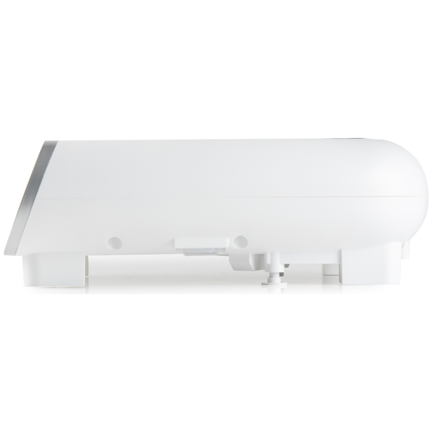 Side view of a white medical device on a white background.