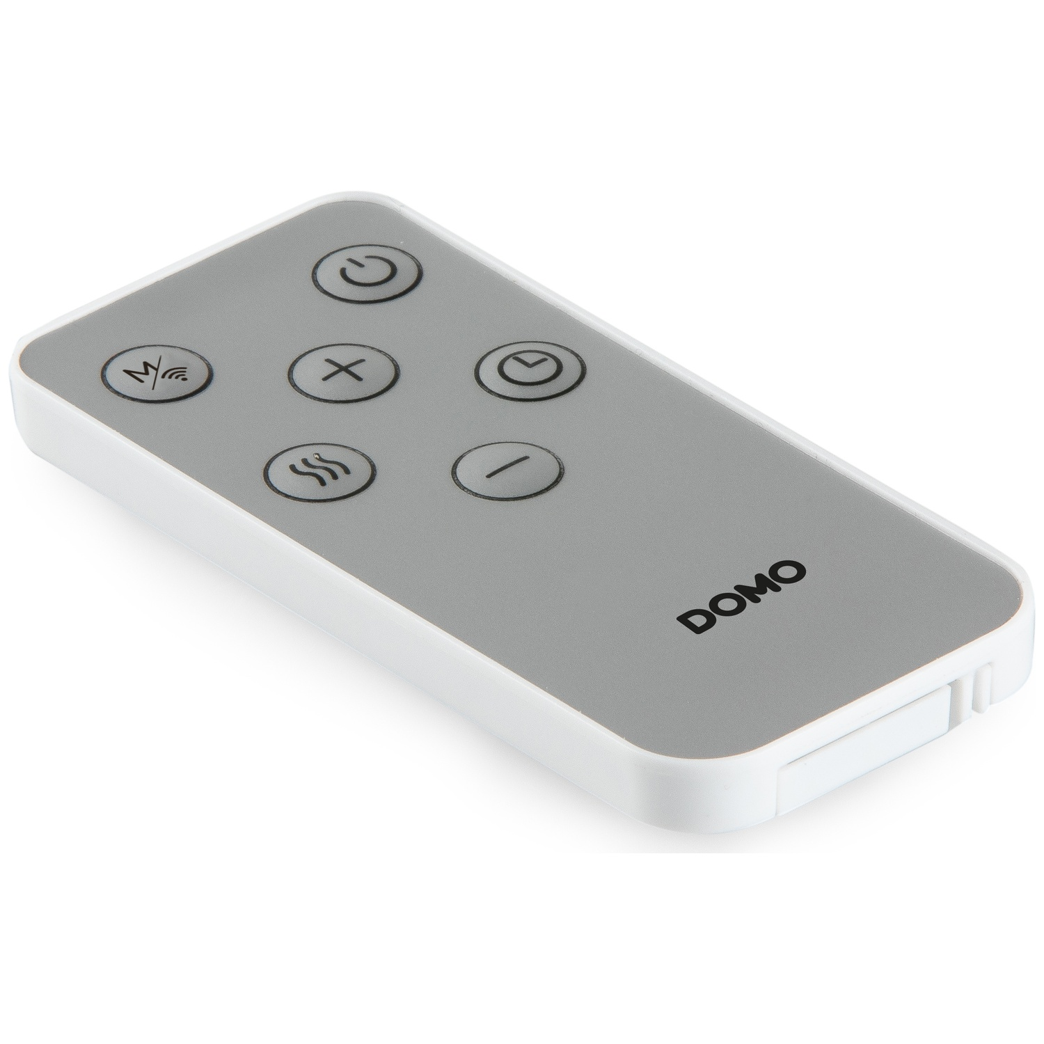A small white and grey remote control with round buttons and the DOMO logo on a white background.