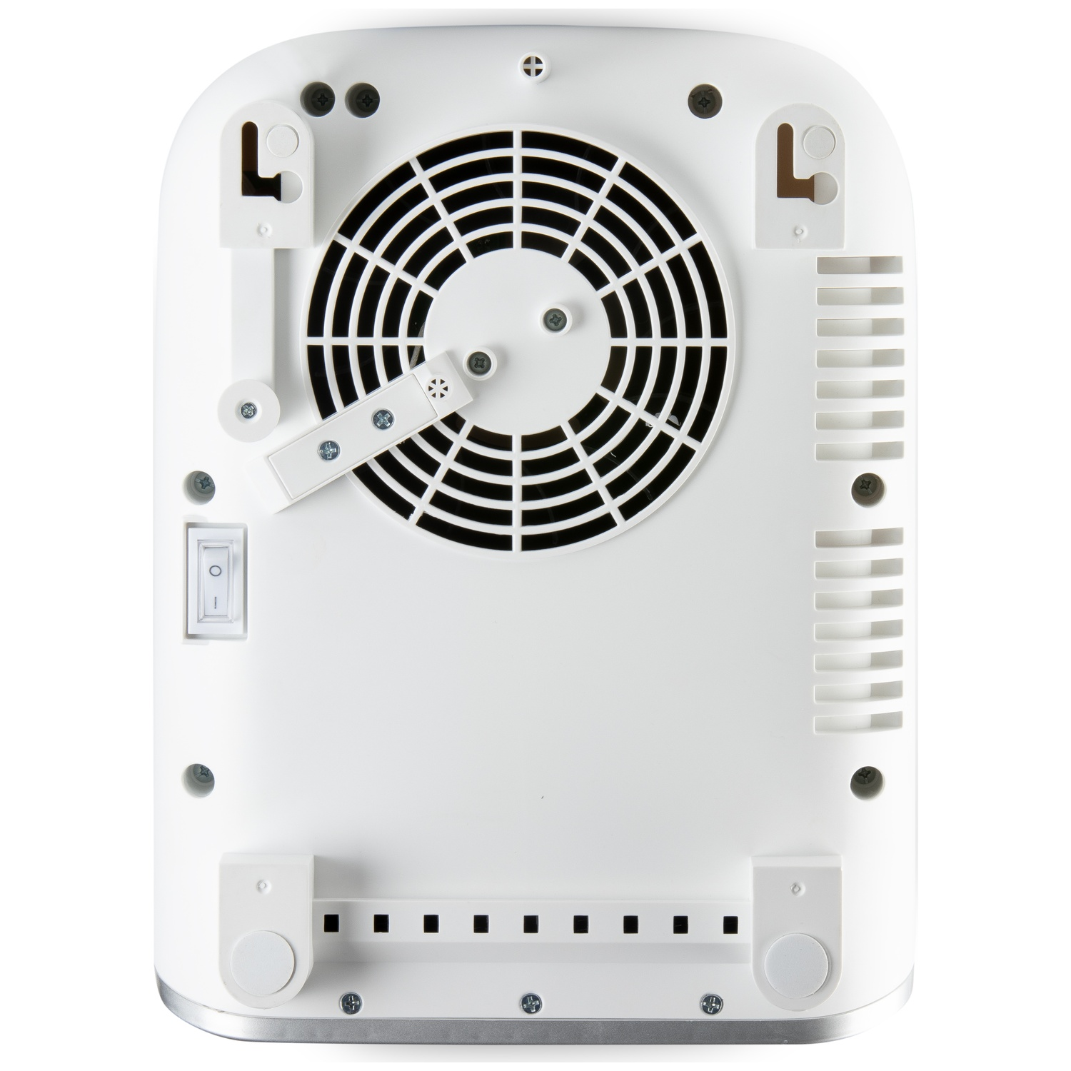 Rear view of a white mini fridge featuring a central circular fan grille, a power switch, and mounting brackets.