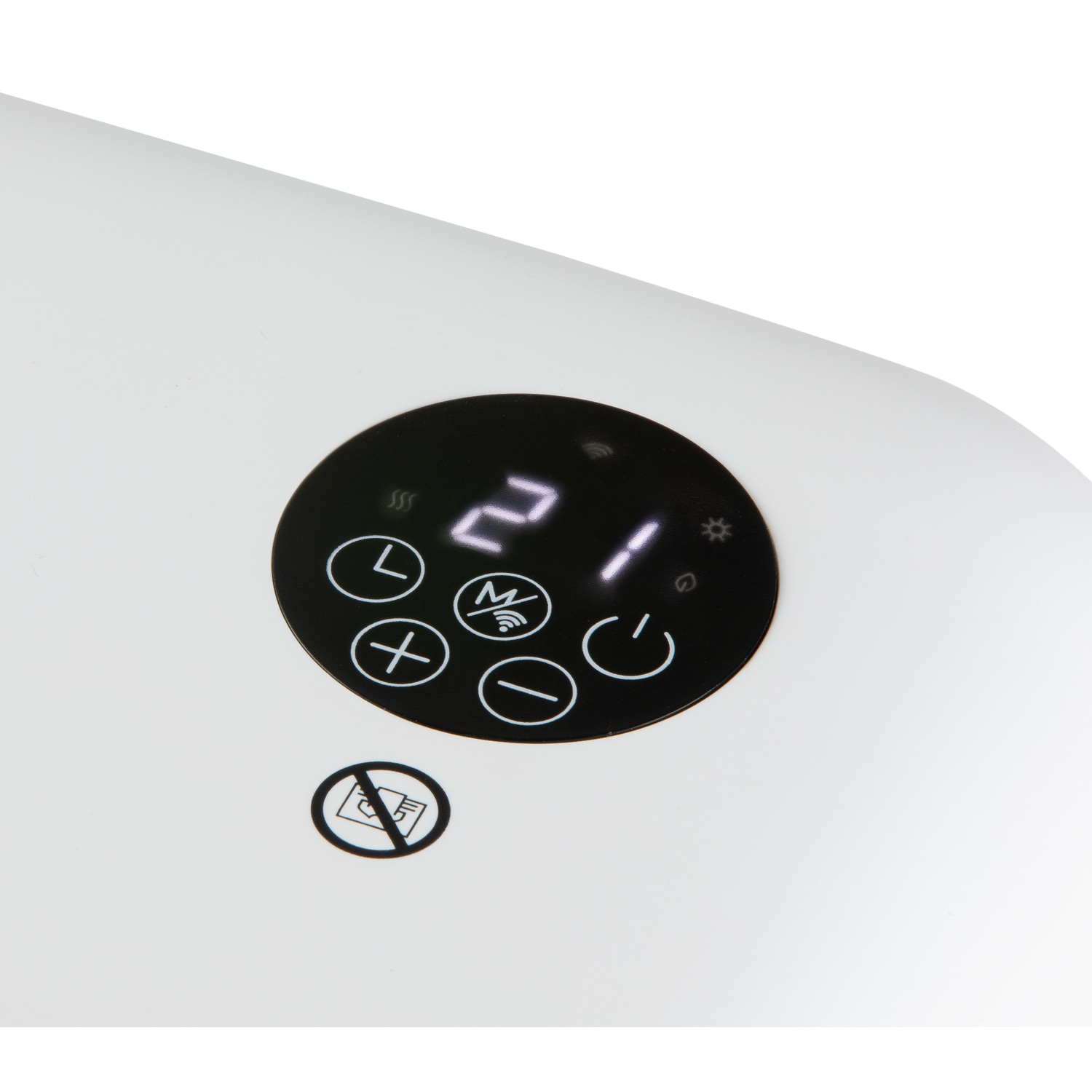 A white appliance with a round black LED display, touch control buttons, and a temperature of 21 degrees.