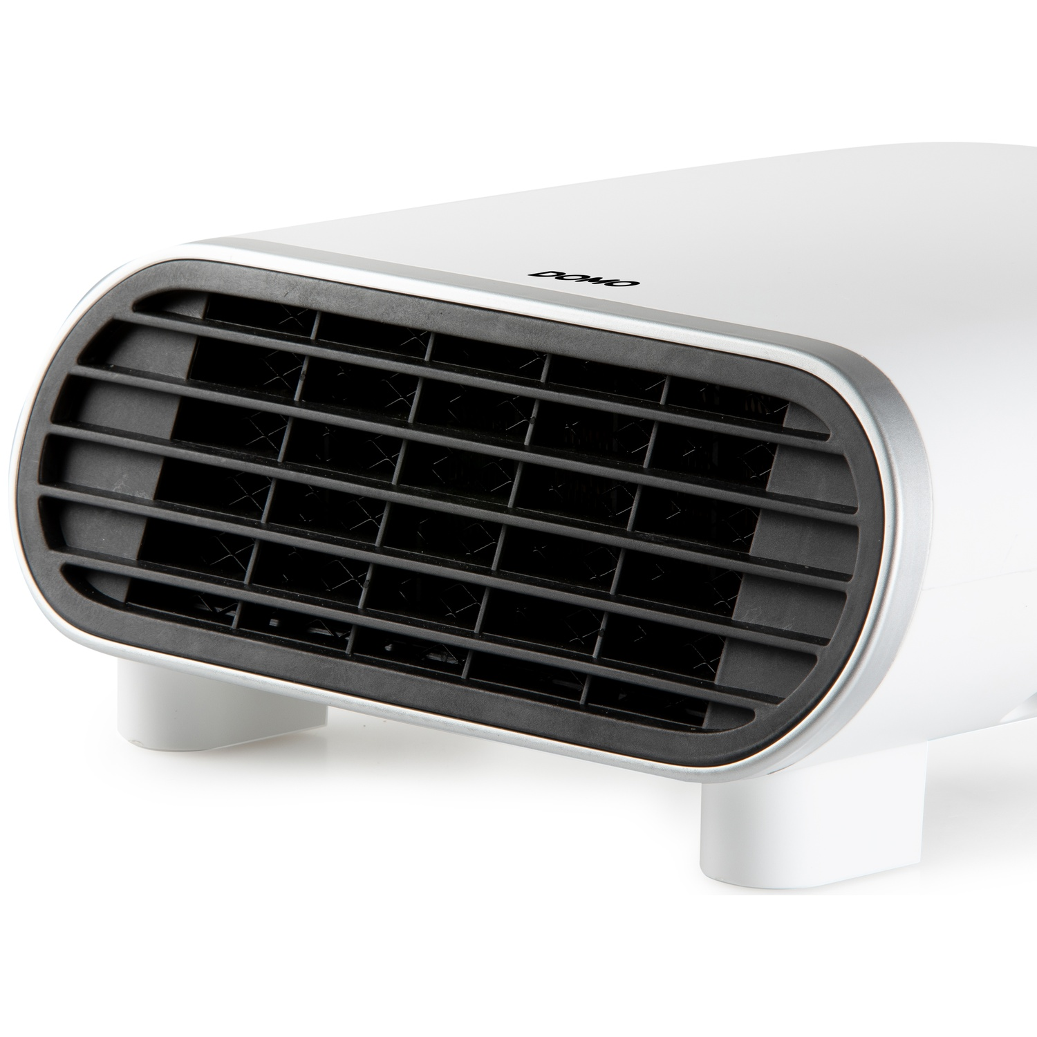White electric fan heater with a black grille on a white background.