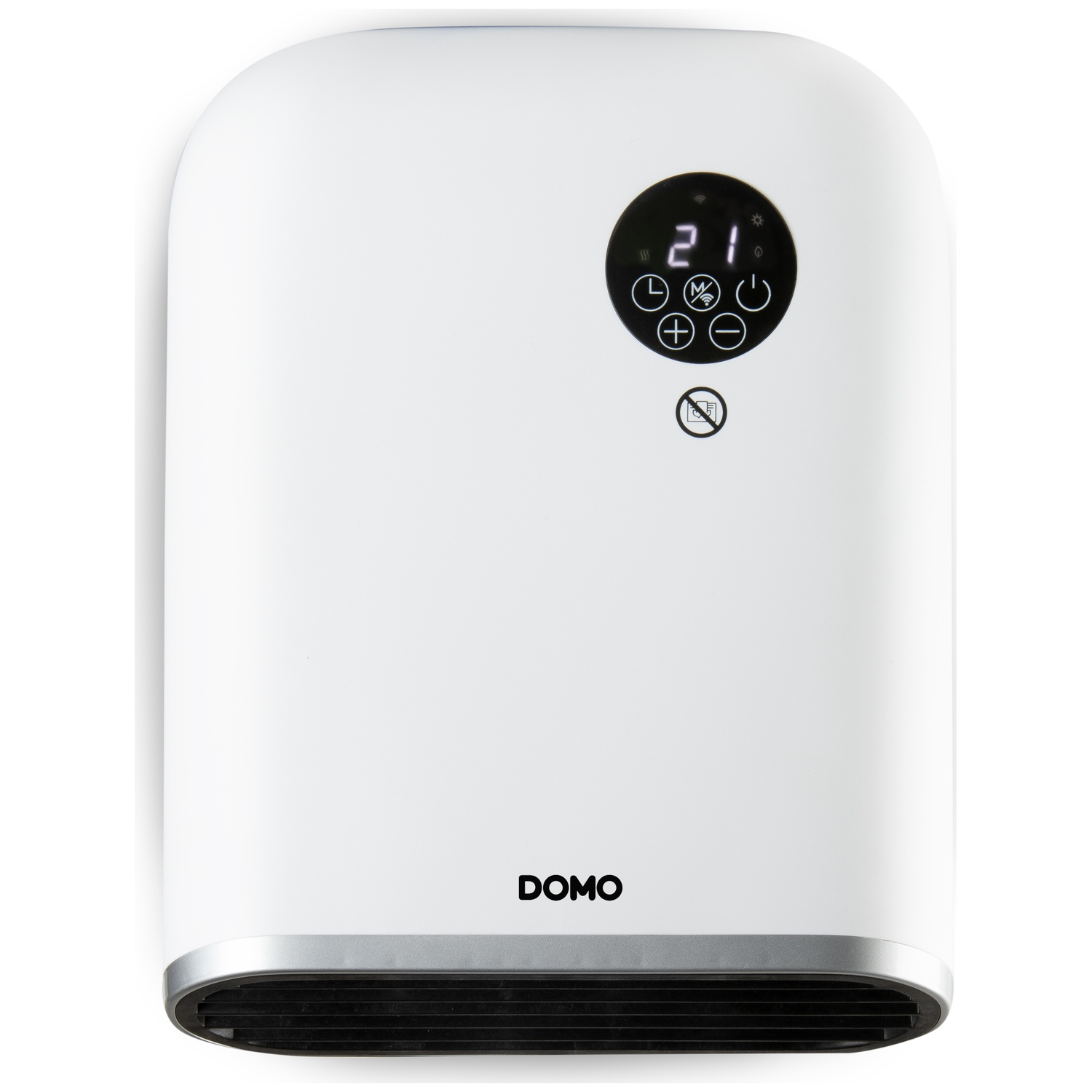 A white Domo heater with a digital display, touch buttons, and a black air vent at the bottom.