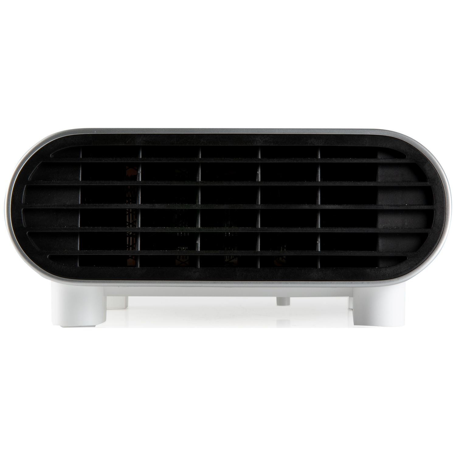 A white, oblong electric space heater with a black grille stands on four short legs against a white background.