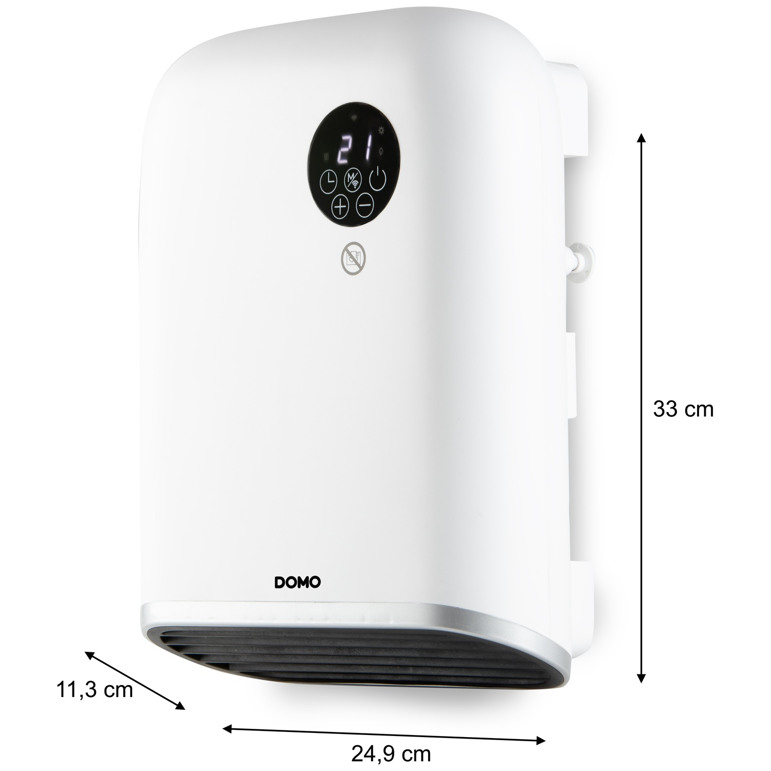 White wall heater with digital display, dimensions 33x24.9x11.3 cm, DOMO brand.