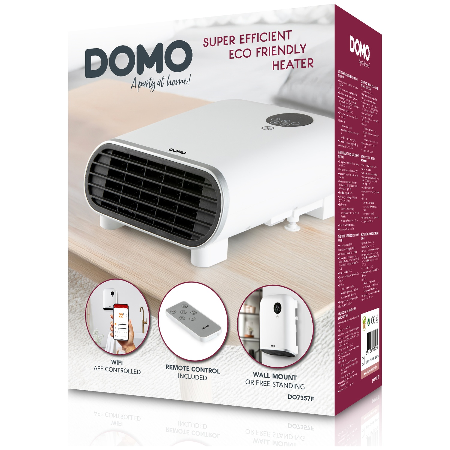 Product box for a white, efficient Domo eco heater with app control, remote, and wall-mount options.