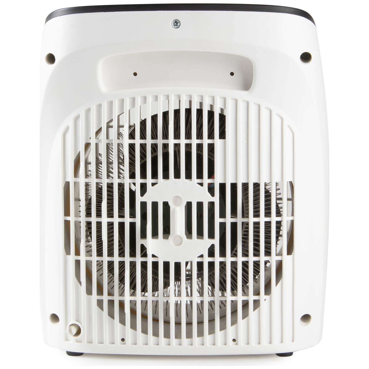 Witte ventilatorkachel achterkant met rooster en elementen.