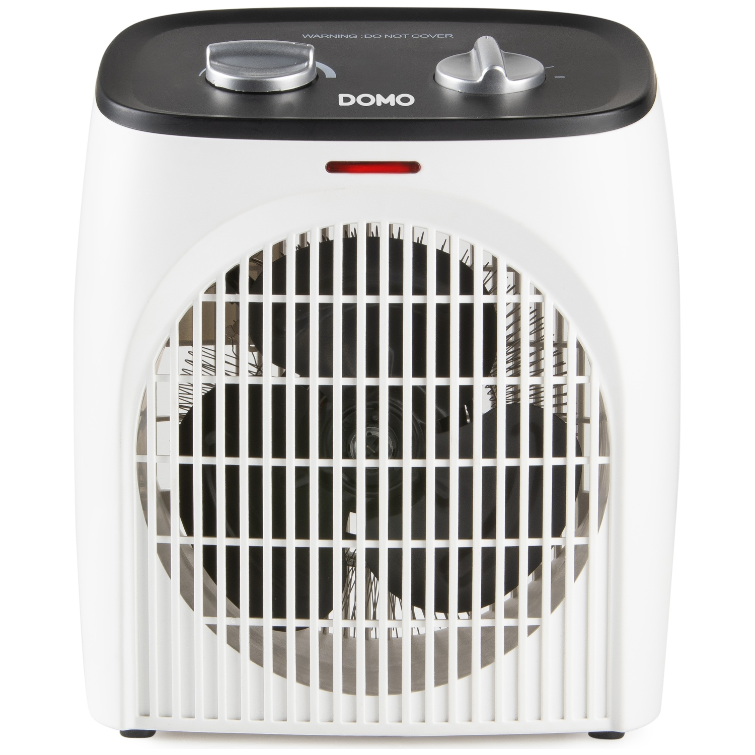 Een witte ventilatorkachel met een zwarte bovenkant, twee zilveren knoppen en een groot rooster aan de voorkant.