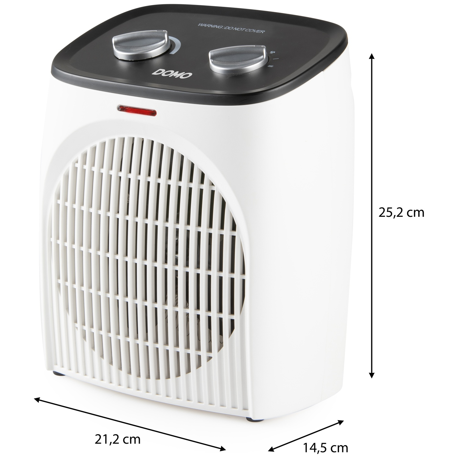 Witte ventilatorkachel met zwarte bovenkant, twee draaiknoppen en afmetingen in cm aan de zijkant en onderkant.