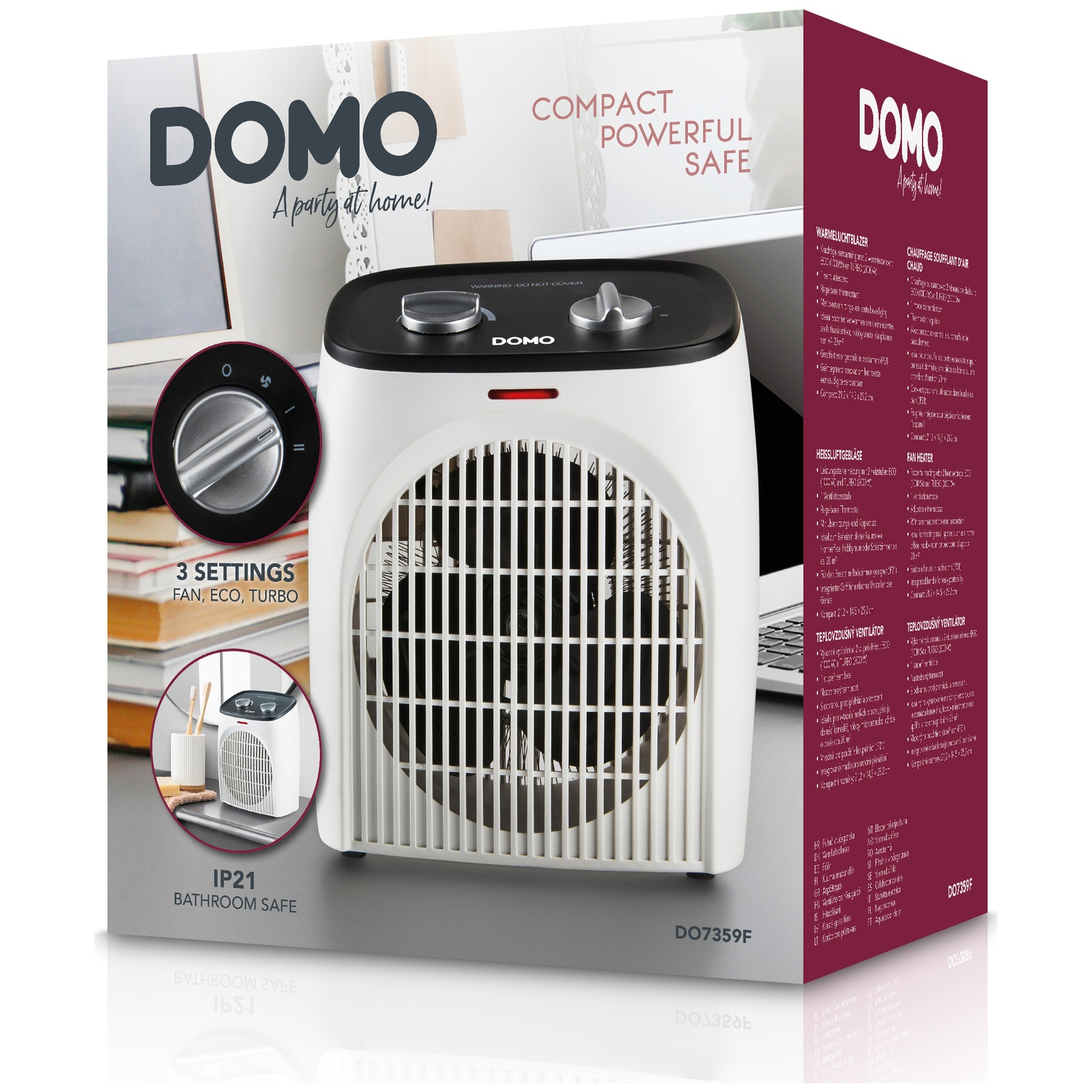 DOMO kachel in wit en zwart voor een productverpakking met tekst en afbeeldingen.