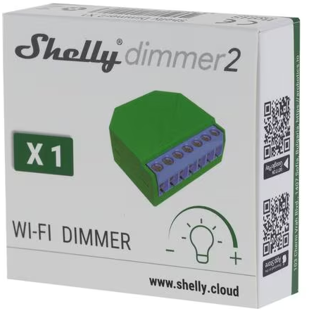 Emballage du Shelly Dimmer 2, un appareil intelligent Wi-Fi vert.