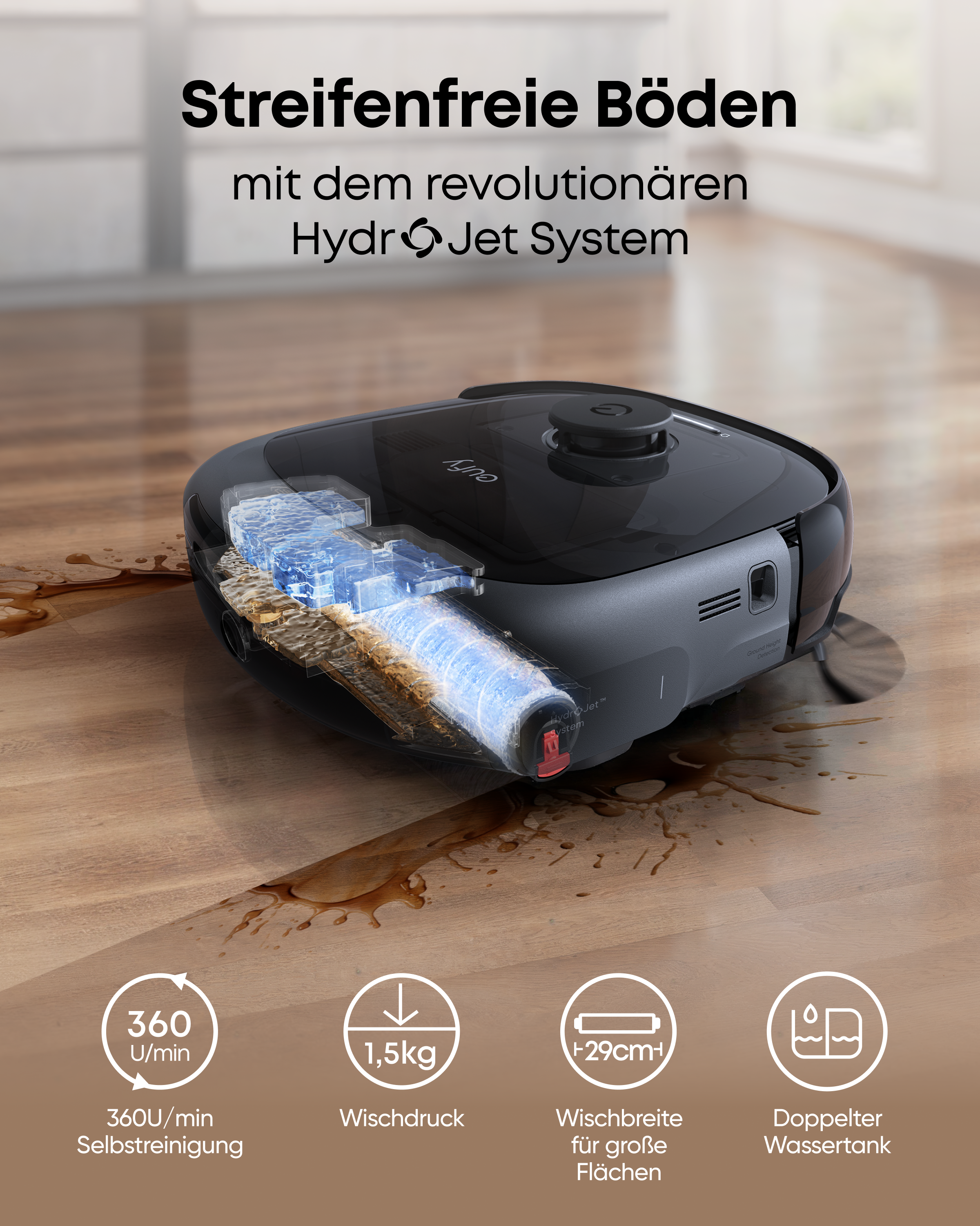 Ein Saug- und Wischroboter reinigt einen Holzboden mit einer sichtbaren Wasser- und Rollenmechanik.