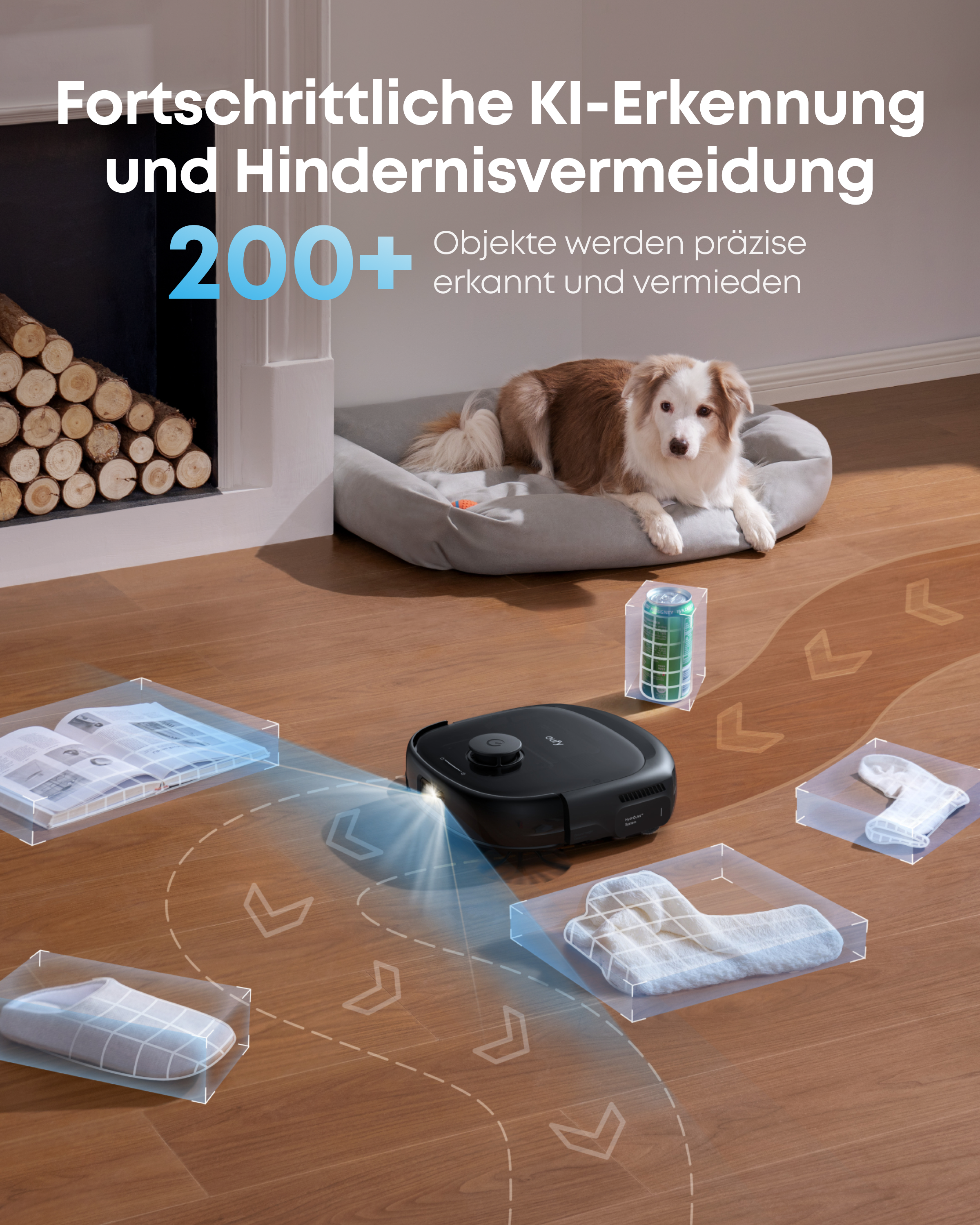 Ein Saugroboter navigiert um Objekte, während ein Hund in einem Bett liegt, mit deutschem Werbetext.