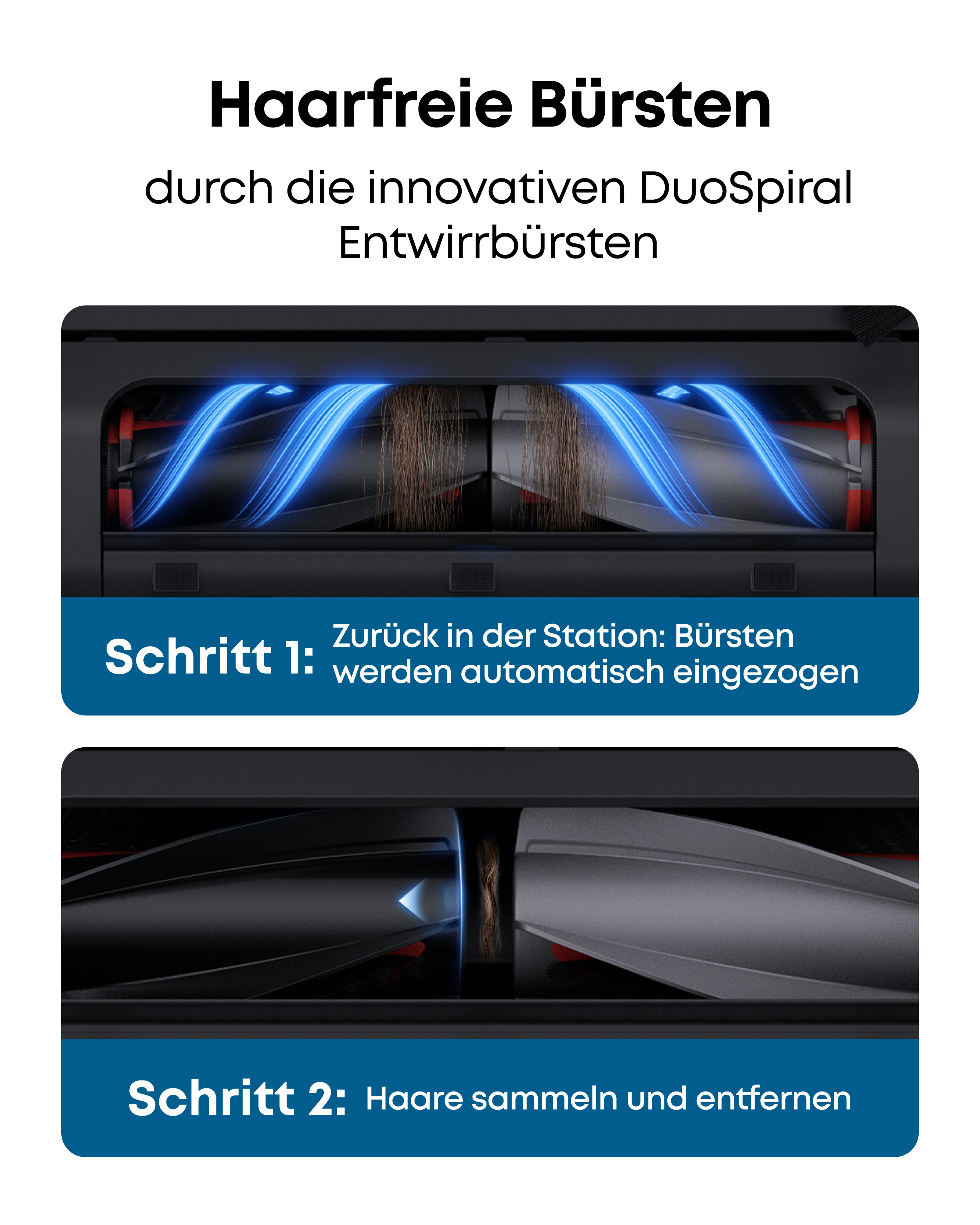 Zwei Schritte erklären die automatische Haar-Entfernung an Bürsten in einer Reinigungsstation.
