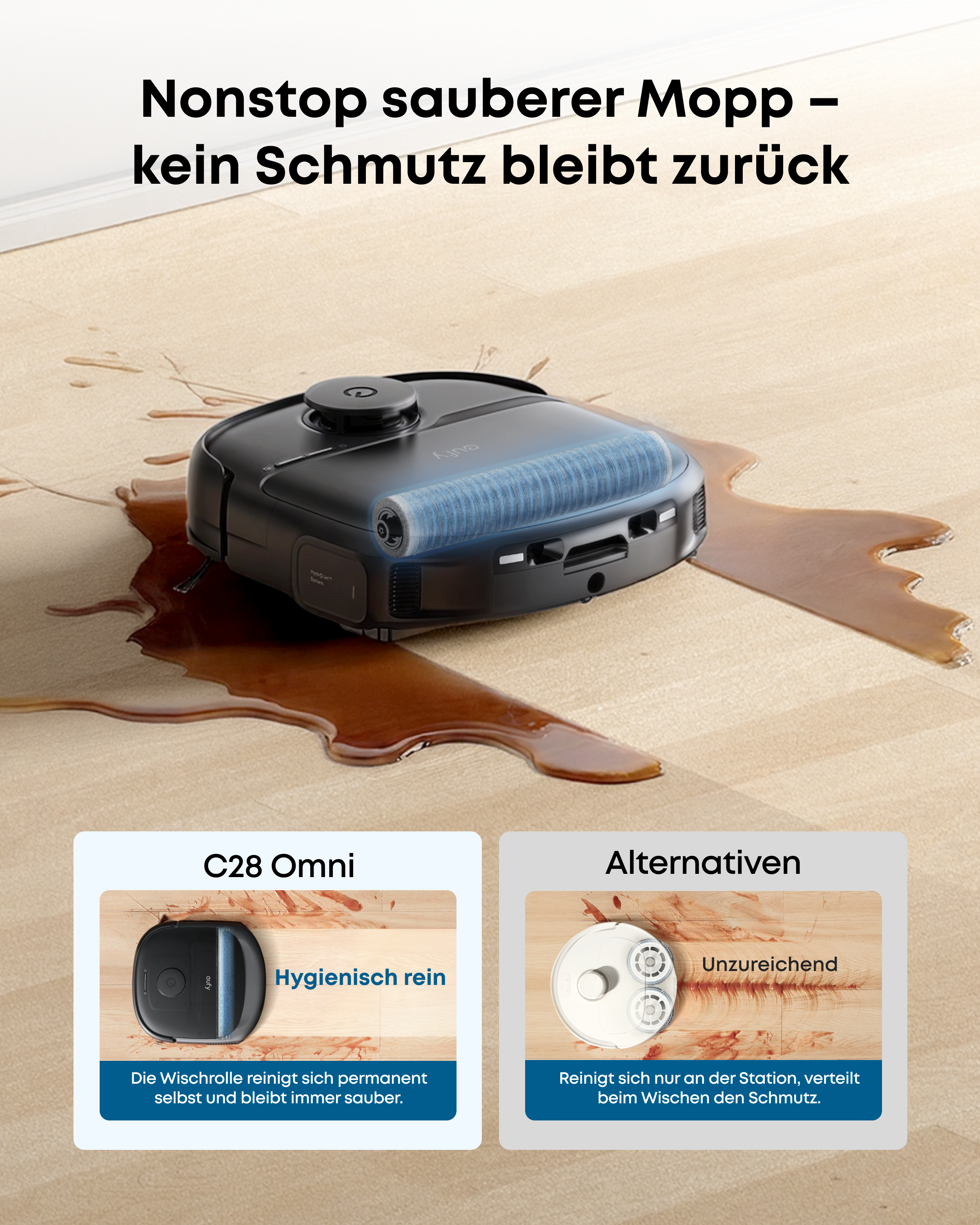 Ein schwarzer Saugroboter wischt eine Kaffeepfütze auf hellem Holzboden auf, im Vergleich zu einem weißen Modell.