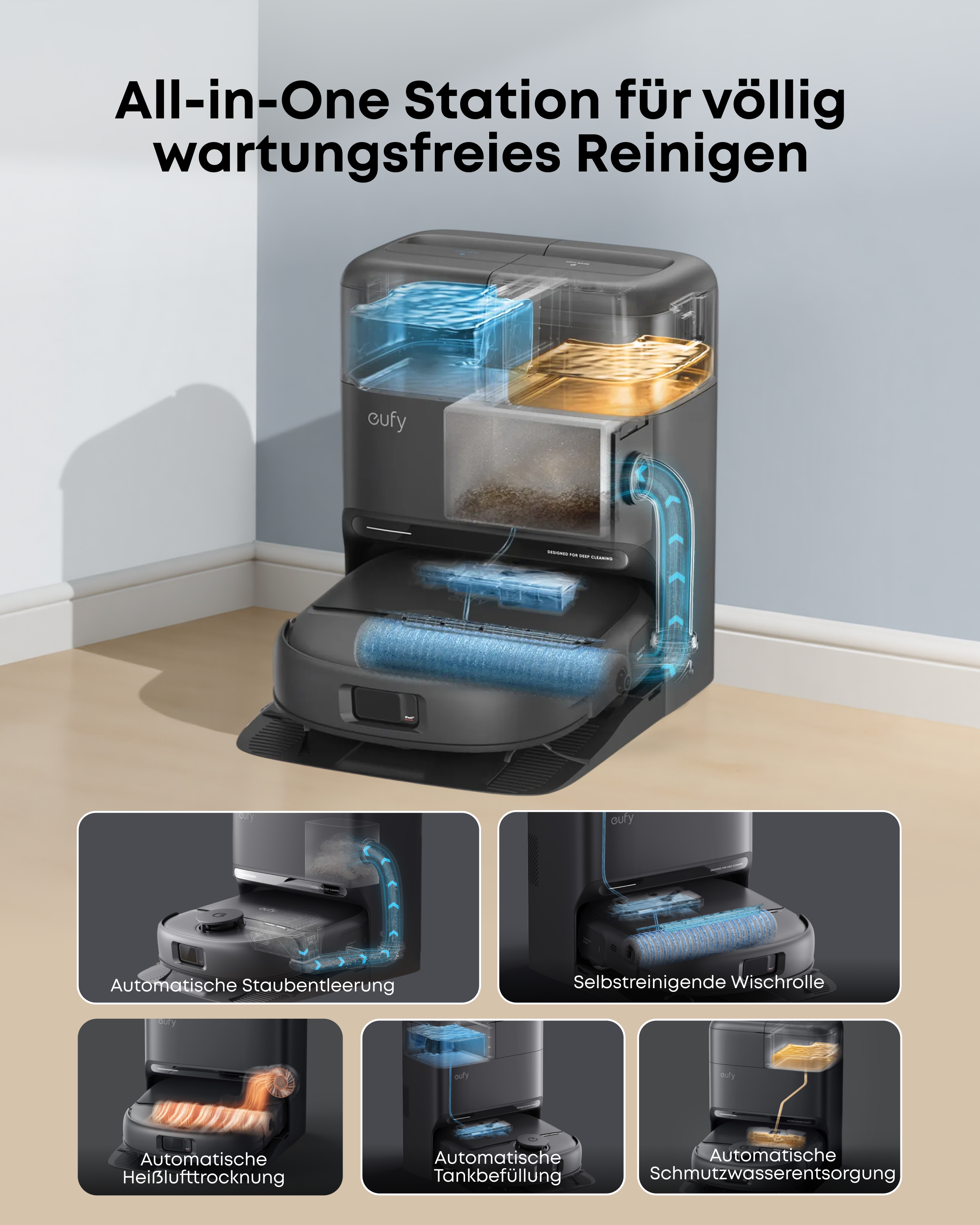 Eufy All-in-One-Station mit selbstreinigender Wischrolle und automatischer Tankbefüllung in einem Raum.