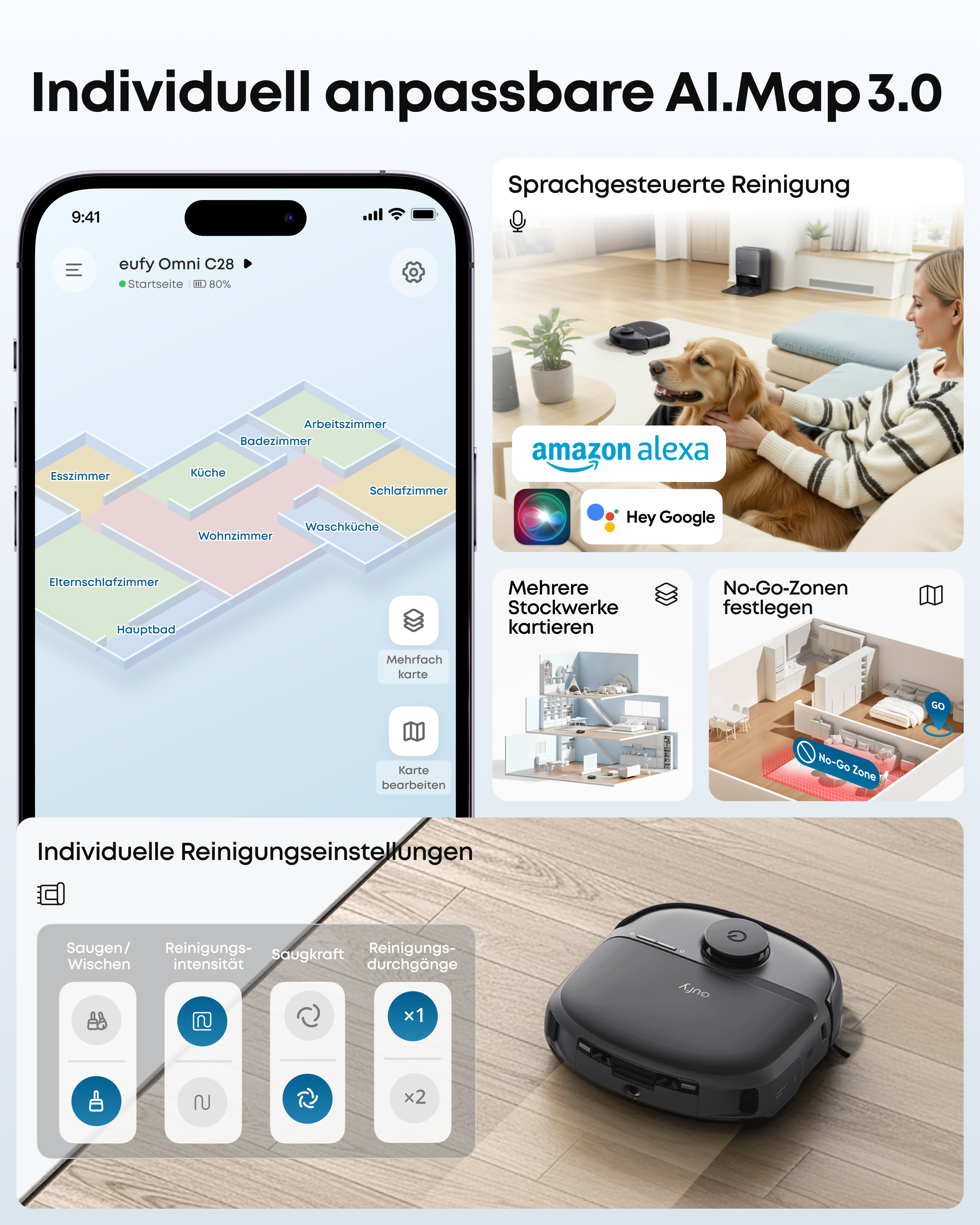 Smartphone mit App-Oberfläche, Roboterstaubsauger und smarte Raumnavigation für eufy AI.Map 3.0.