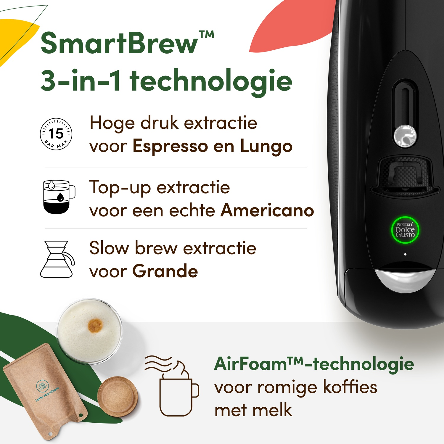 SmartBrew coffee machine showing 3-in-1 technology and AirFoam technology for milk coffees.