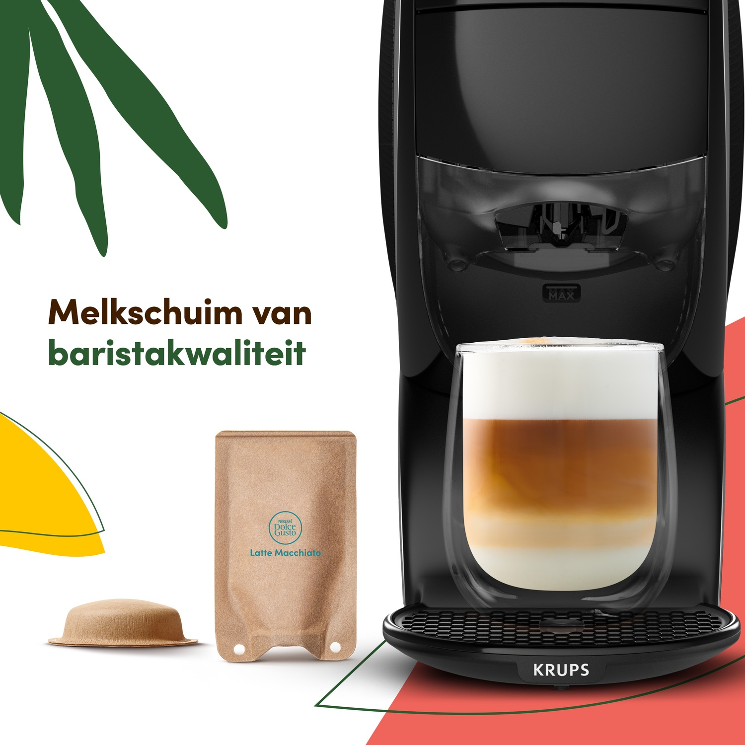 A Krups coffee machine brewing a latte macchiato in a glass, with a coffee pod and Dutch text.
