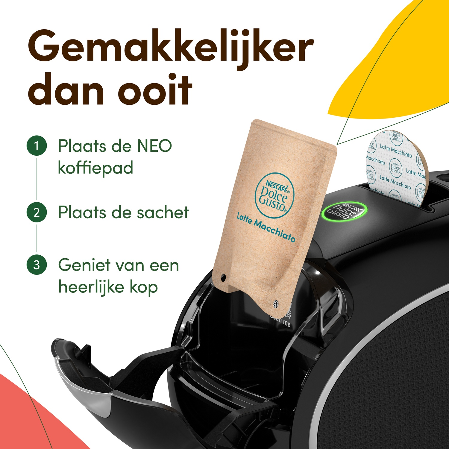 A black coffee machine with a Dolce Gusto sachet and instructional steps.