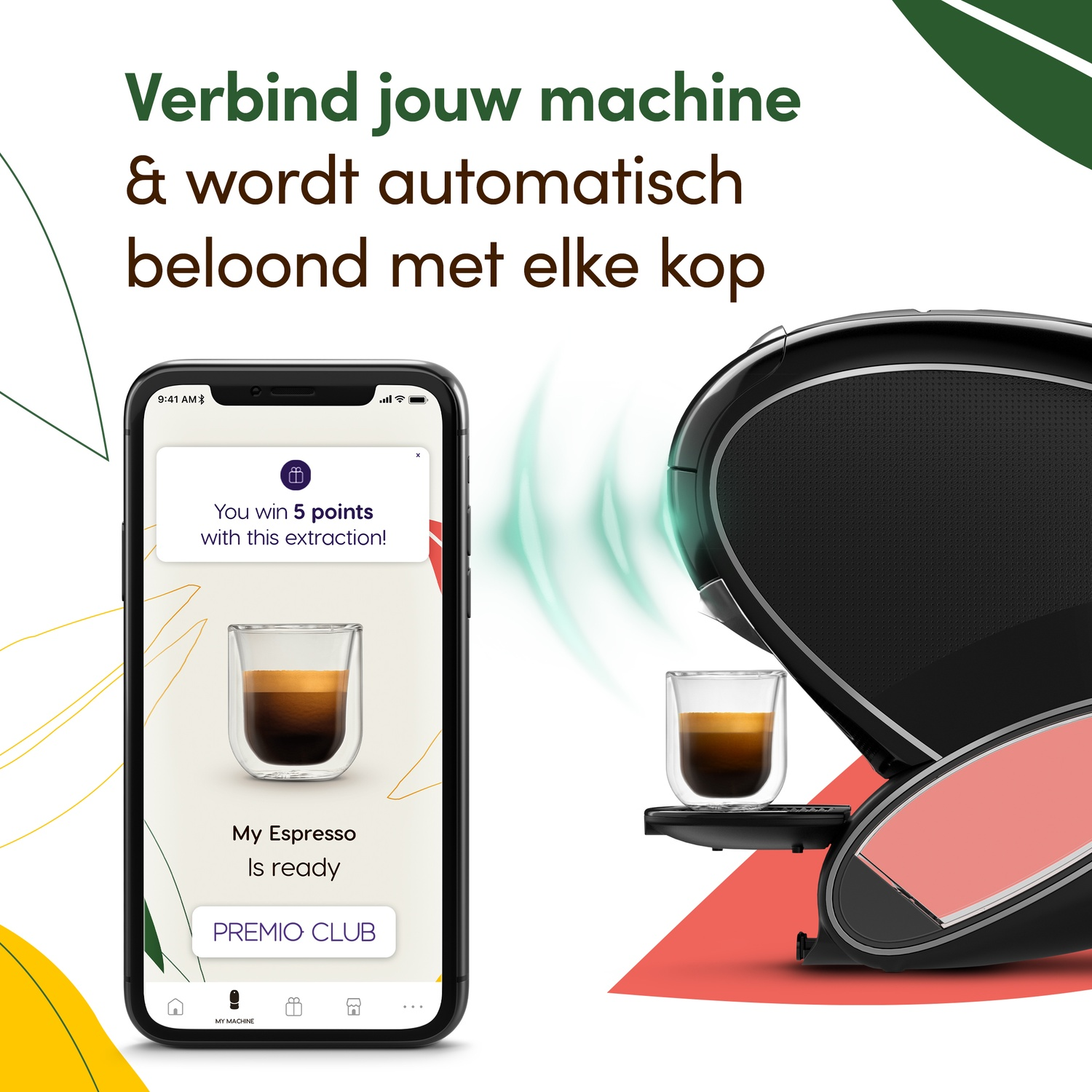 A smartphone shows a coffee reward app beside a modern black coffee machine with a glass of espresso.