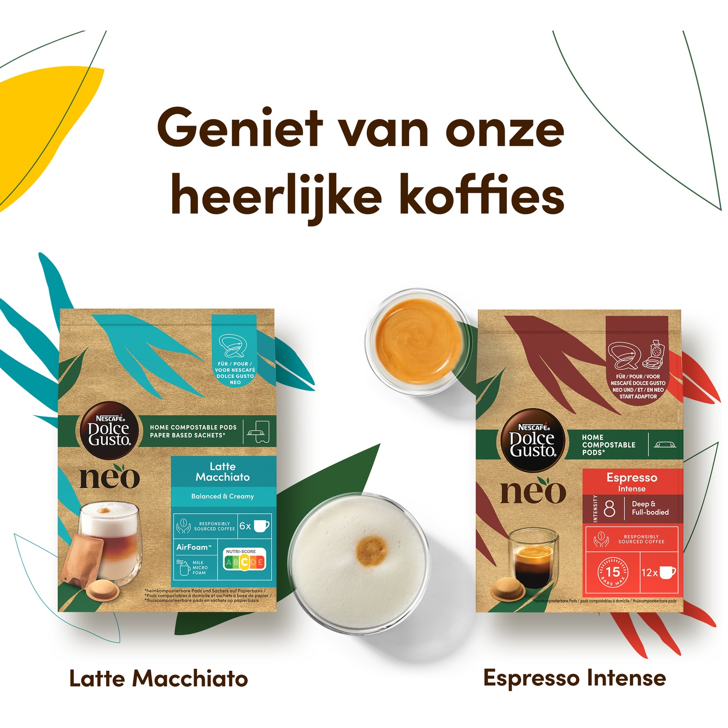 Nescafé Dolce Gusto Neo coffee pods and cups with text above.