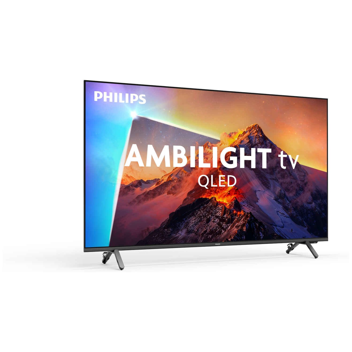 A Philips Ambilight QLED TV displays a mountainous image against a white background.