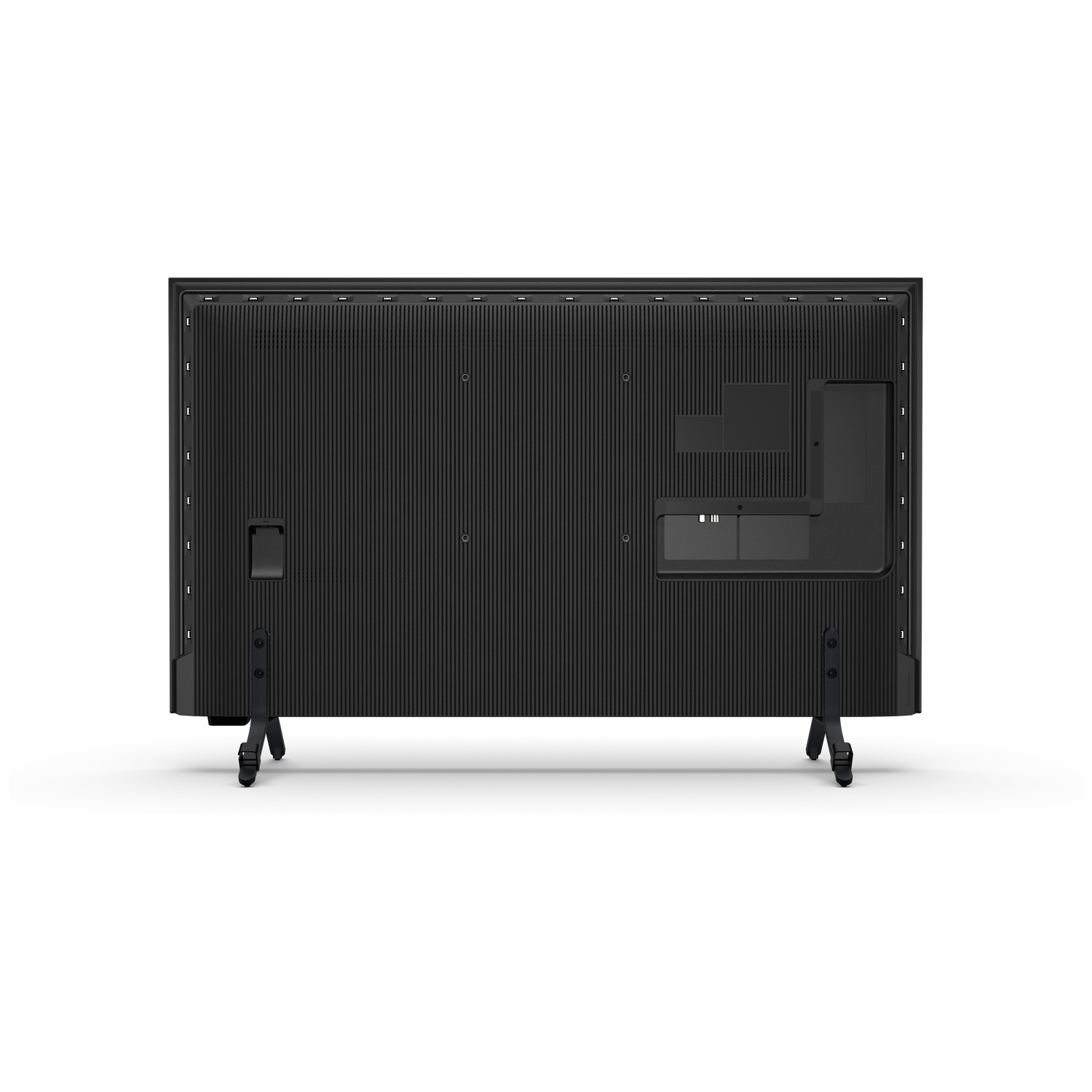 Rear view of a black television with ridged panel design, port recesses, and two stands on a white background.